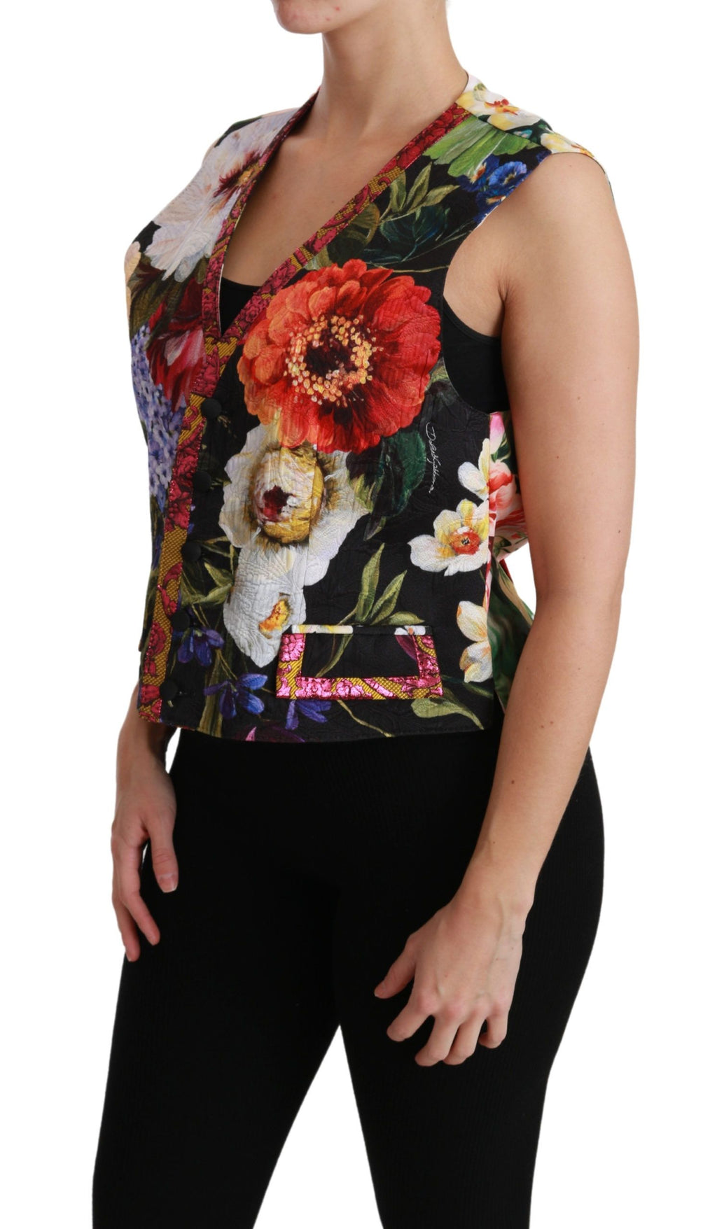 Top sans manches Dolce & Gabbana à fleurs multicolores, veste cintrée élégante pour femme.
