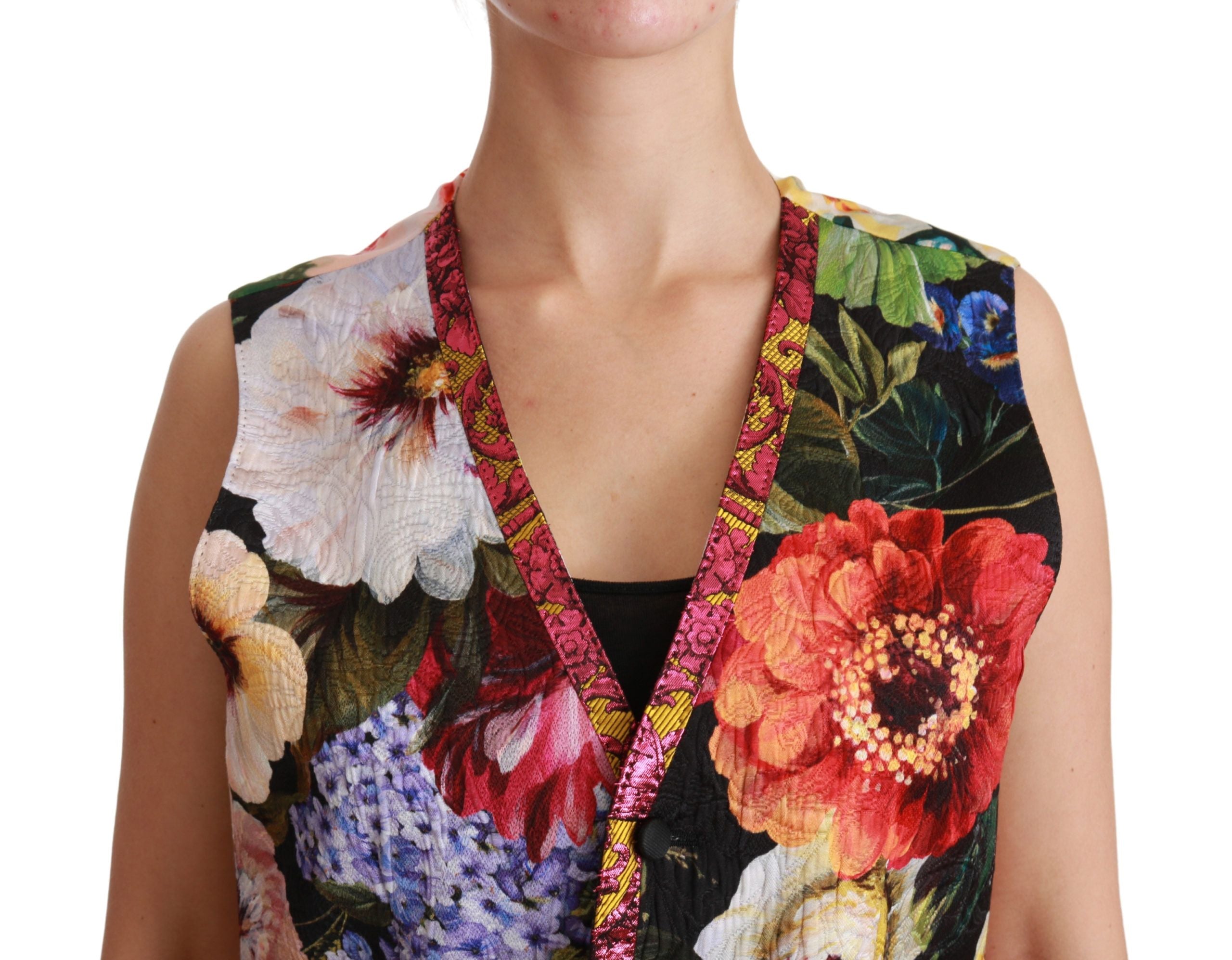 Gilet sans manches Dolce & Gabbana à fleurs multicolores, top élégant sans manches, veste florale pour femme.