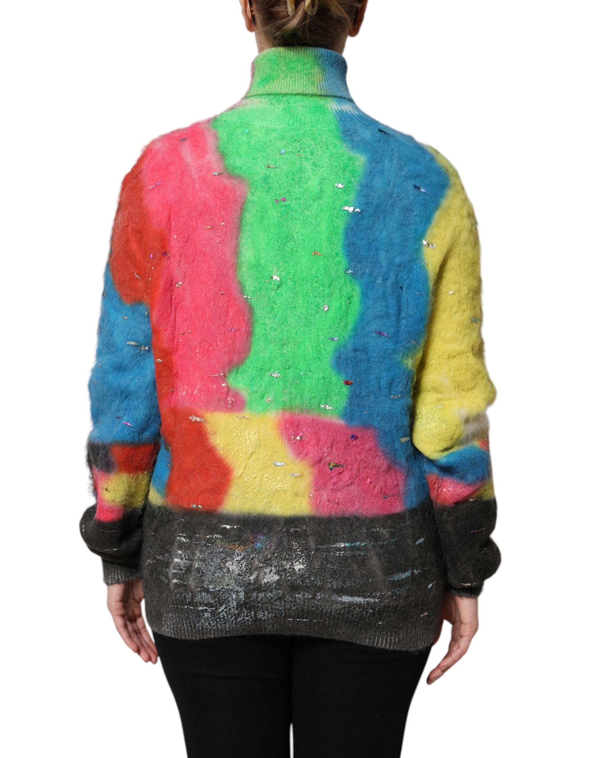 Pull en col roulé en mohair multicolore de Dolce & Gabbana, pull-over élégant avec motif coloré et texture douce.