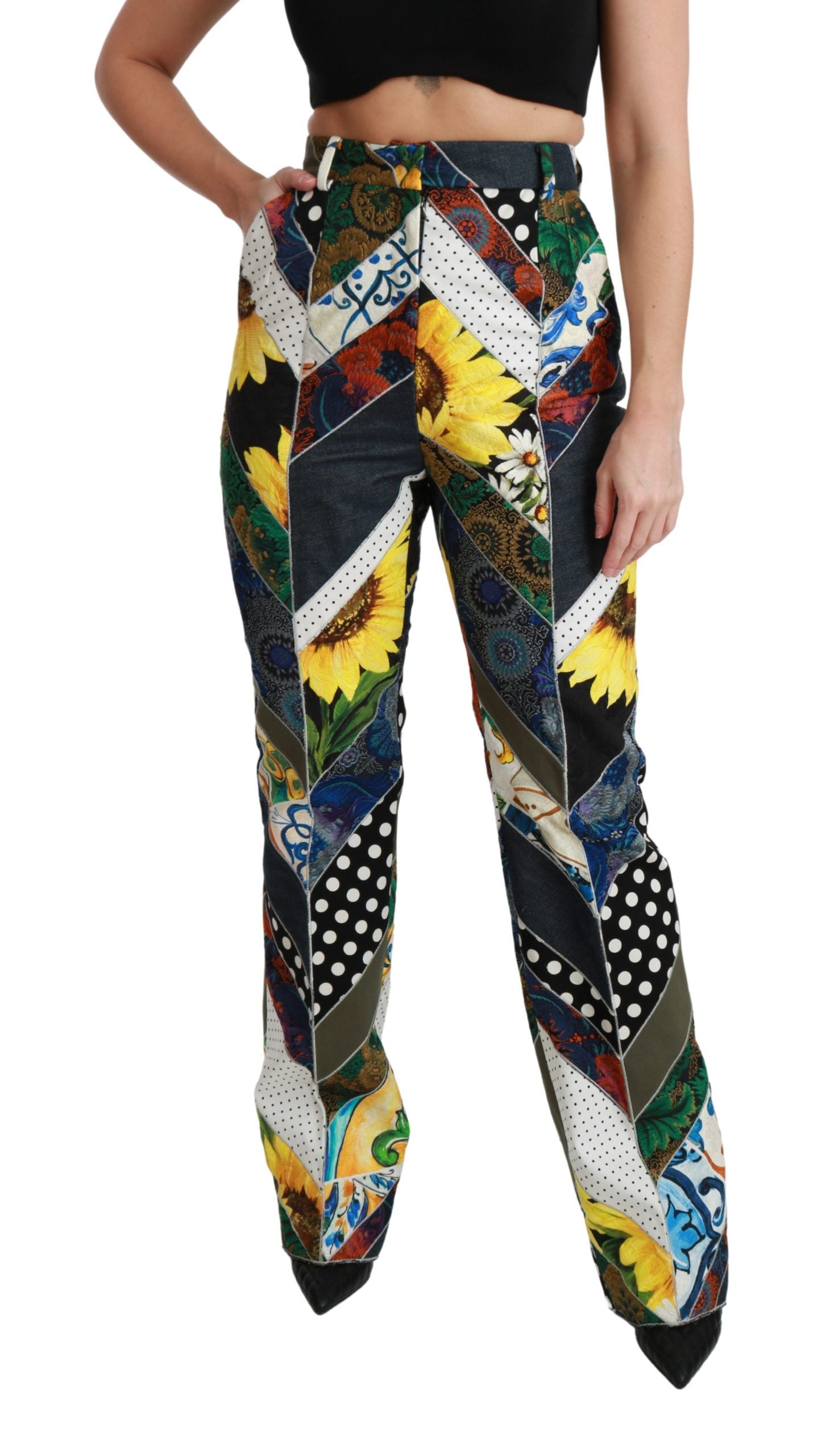 Pantalon droit à taille haute Dolce & Gabbana avec impression multicolore, tissu léger et coupe élégante.