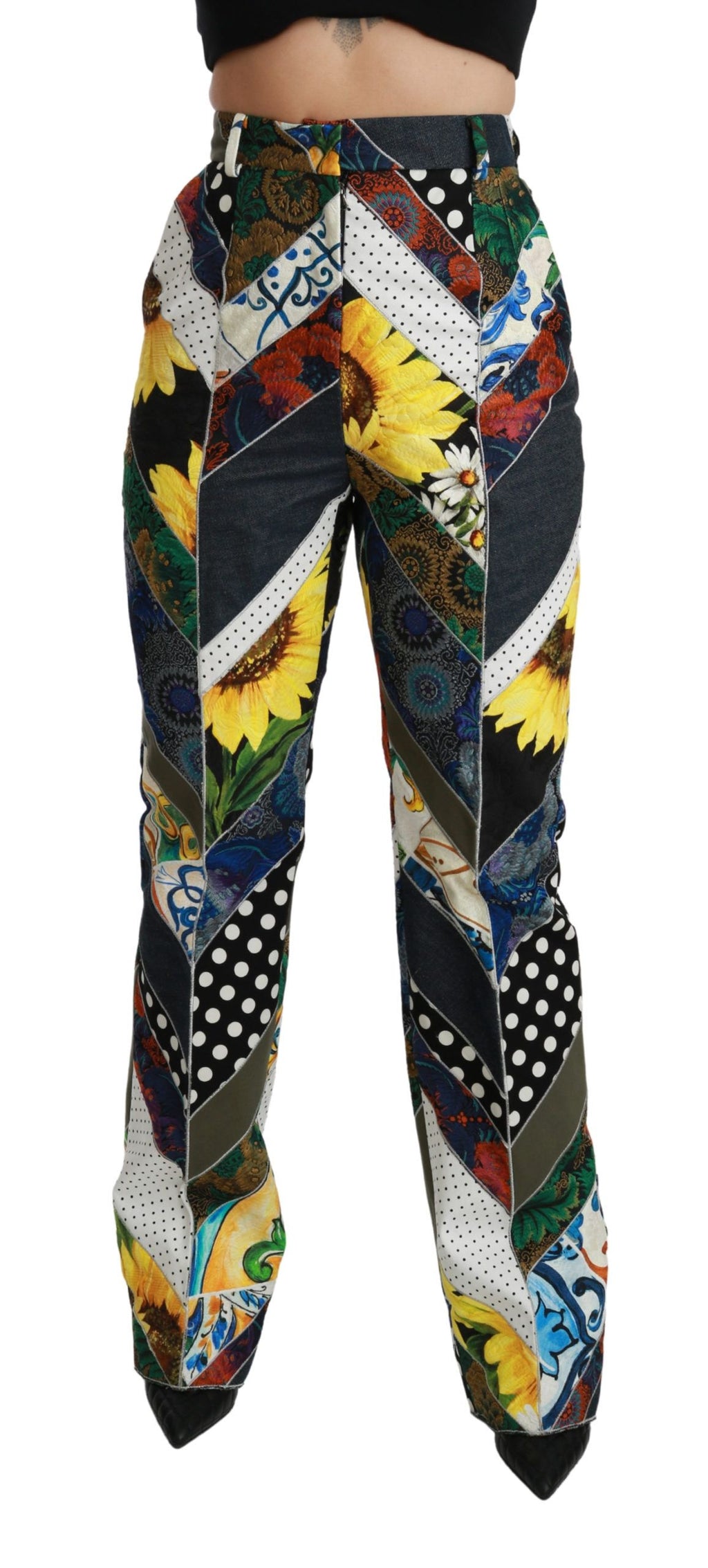 Pantalon droit à taille haute de Dolce & Gabbana avec imprimé multicolore, style élégant et tendance.