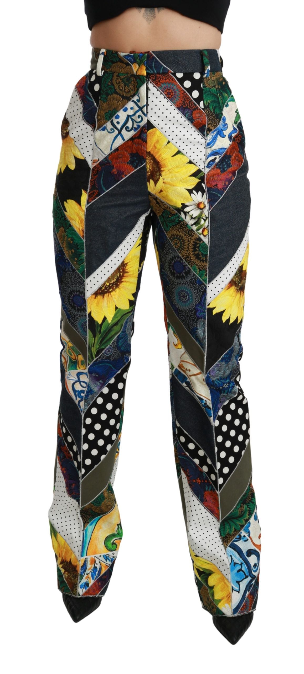 Pantalon droit à taille haute de Dolce & Gabbana avec imprimé multicolore, style élégant et tendance.
