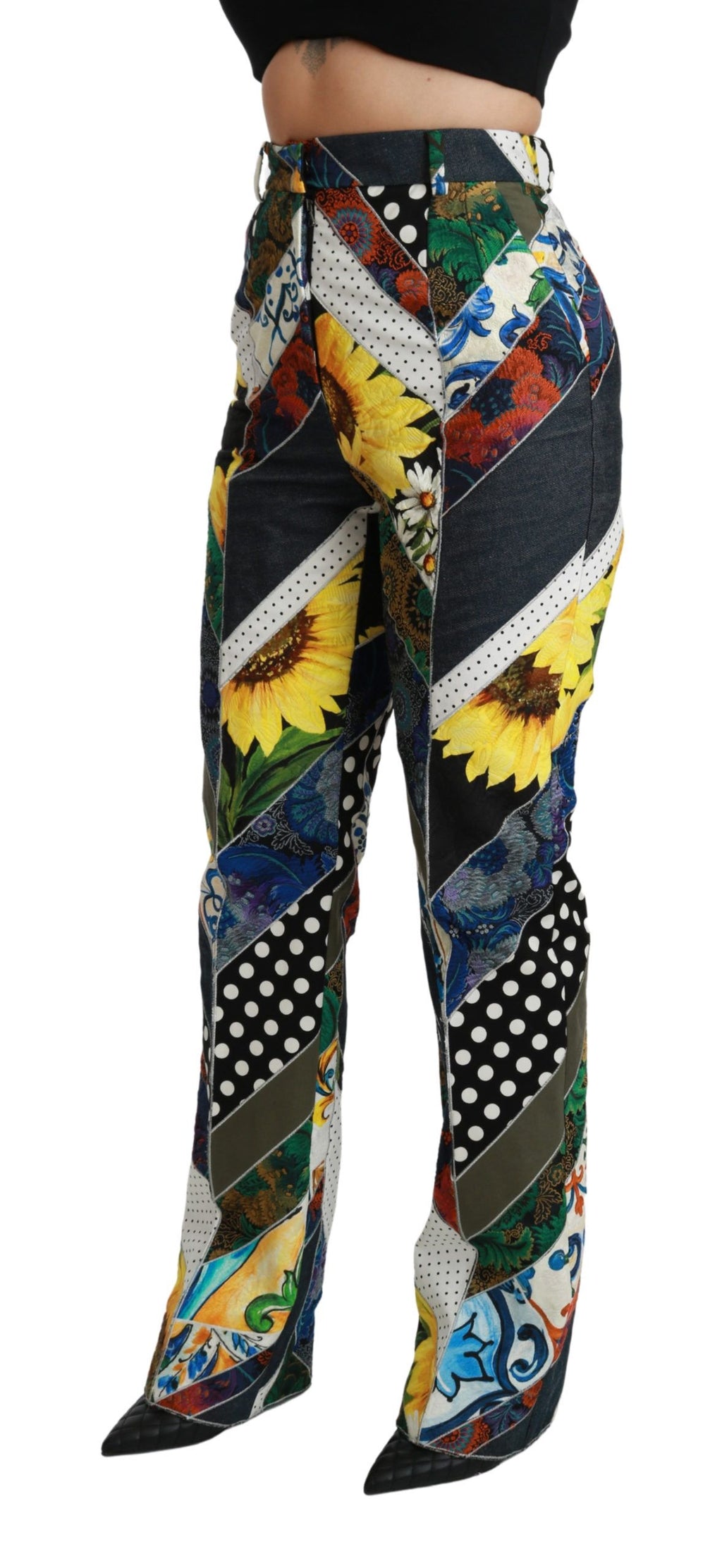 Pantalon droit à taille haute Dolce & Gabbana avec imprimé multicolore, vue de face.