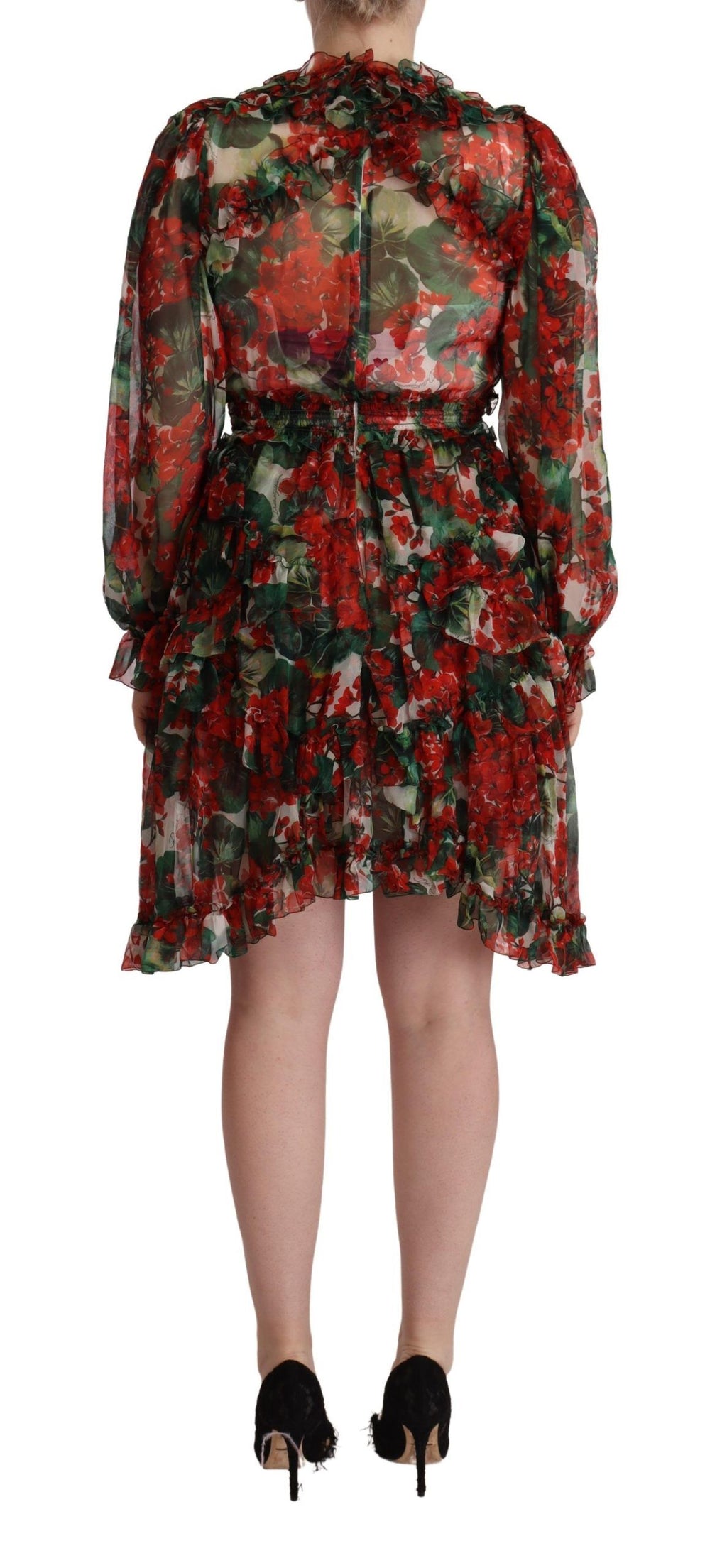 Robe longue en soie Dolce & Gabbana à fleurs multicolores et rouges, style maxi, avec un design élégant et sophistiqué.