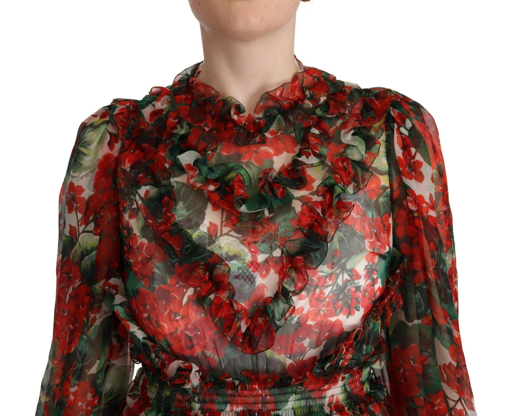 Robe longue en soie Dolce & Gabbana à fleurs multicolores rouges, style maxi, parfaite pour une tenue élégante et raffinée.