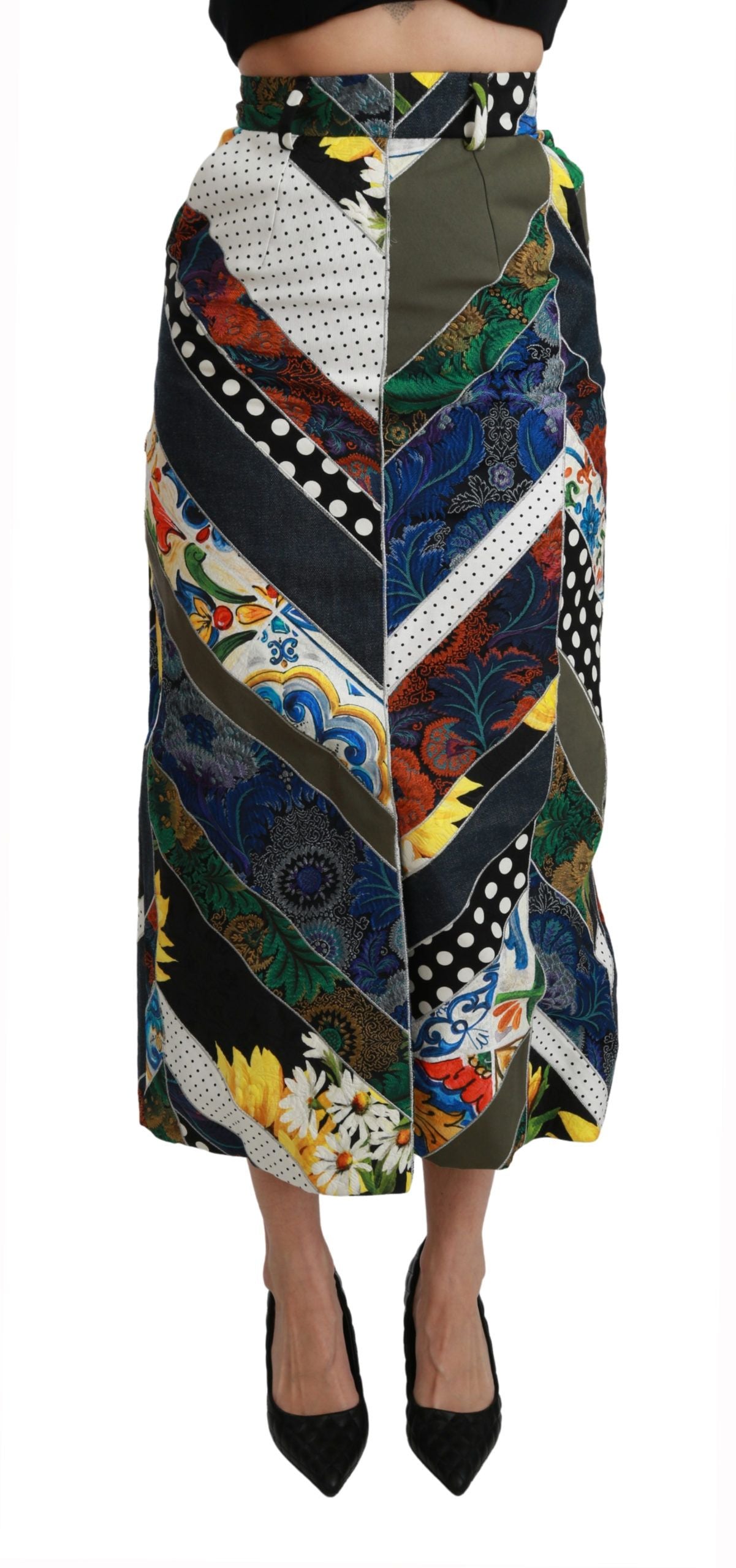 Jupe longue haute en soie multicolore à motifs géométriques, Dolce & Gabbana, coupe à taille haute, élégante et fluide.
