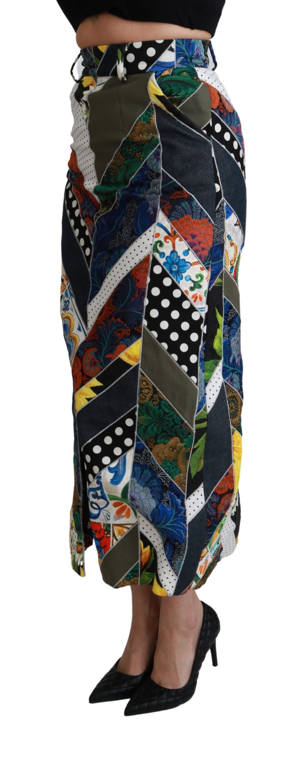 Jupe longue maxi géométrique en soie multicolore de Dolce & Gabbana, taille haute, motif élégant et sophistiqué.