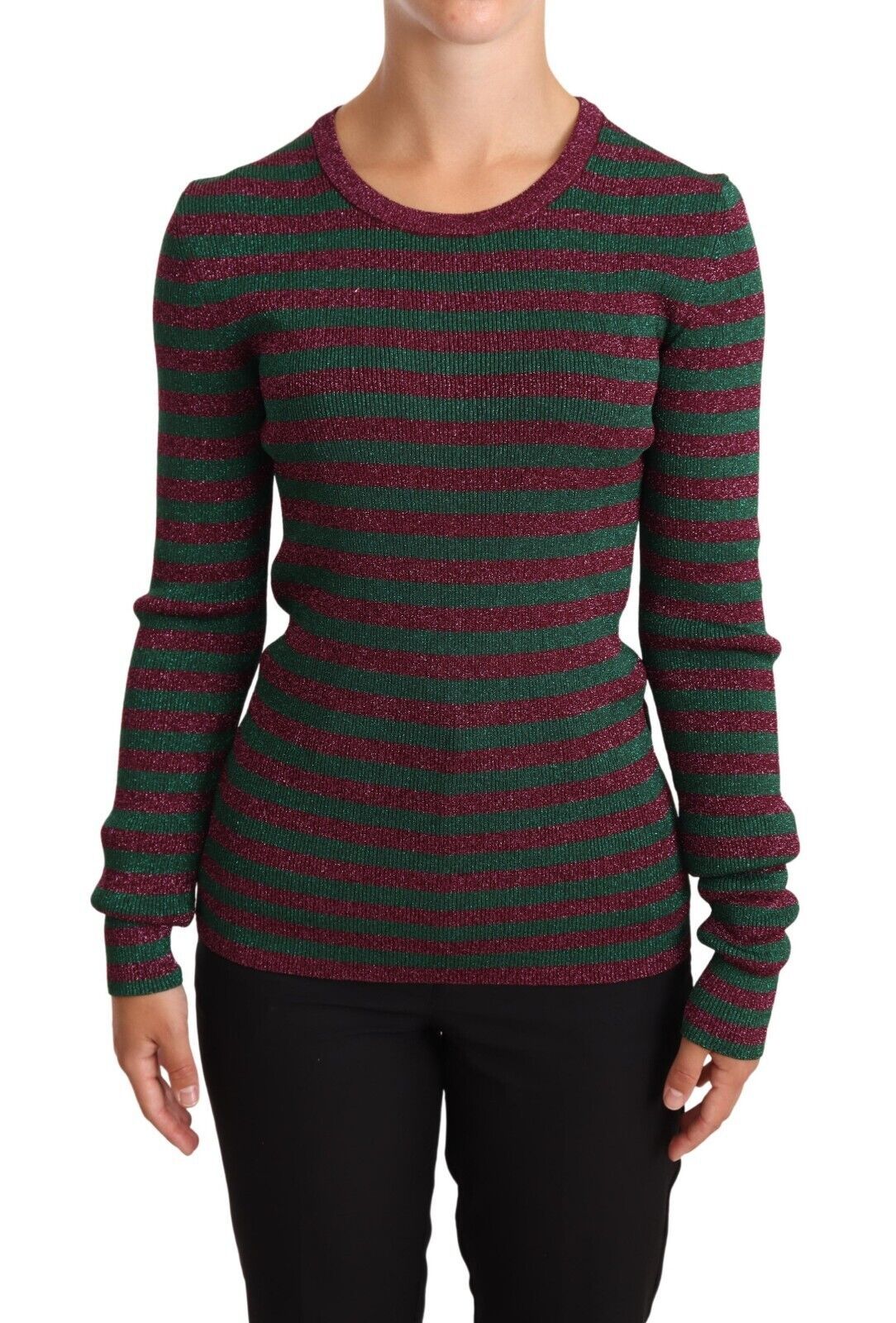 Pull en tricot à rayures multicolores de Dolce & Gabbana, col rond, doux et confortable, visible en gros plan.