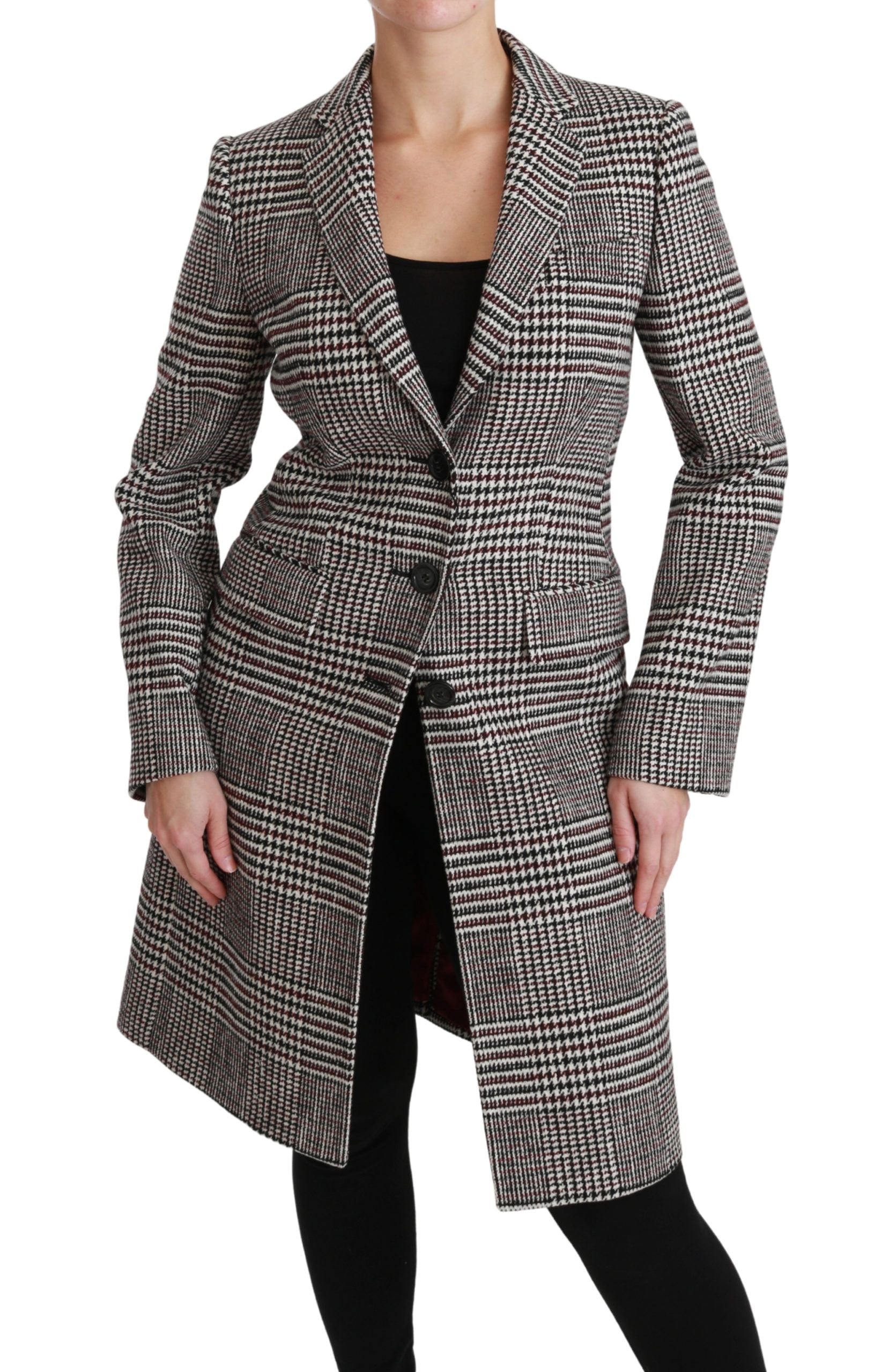 Imperméable long à la taille du genou Dolce & Gabbana multicolore avec ceinture et boutons, vue de face.