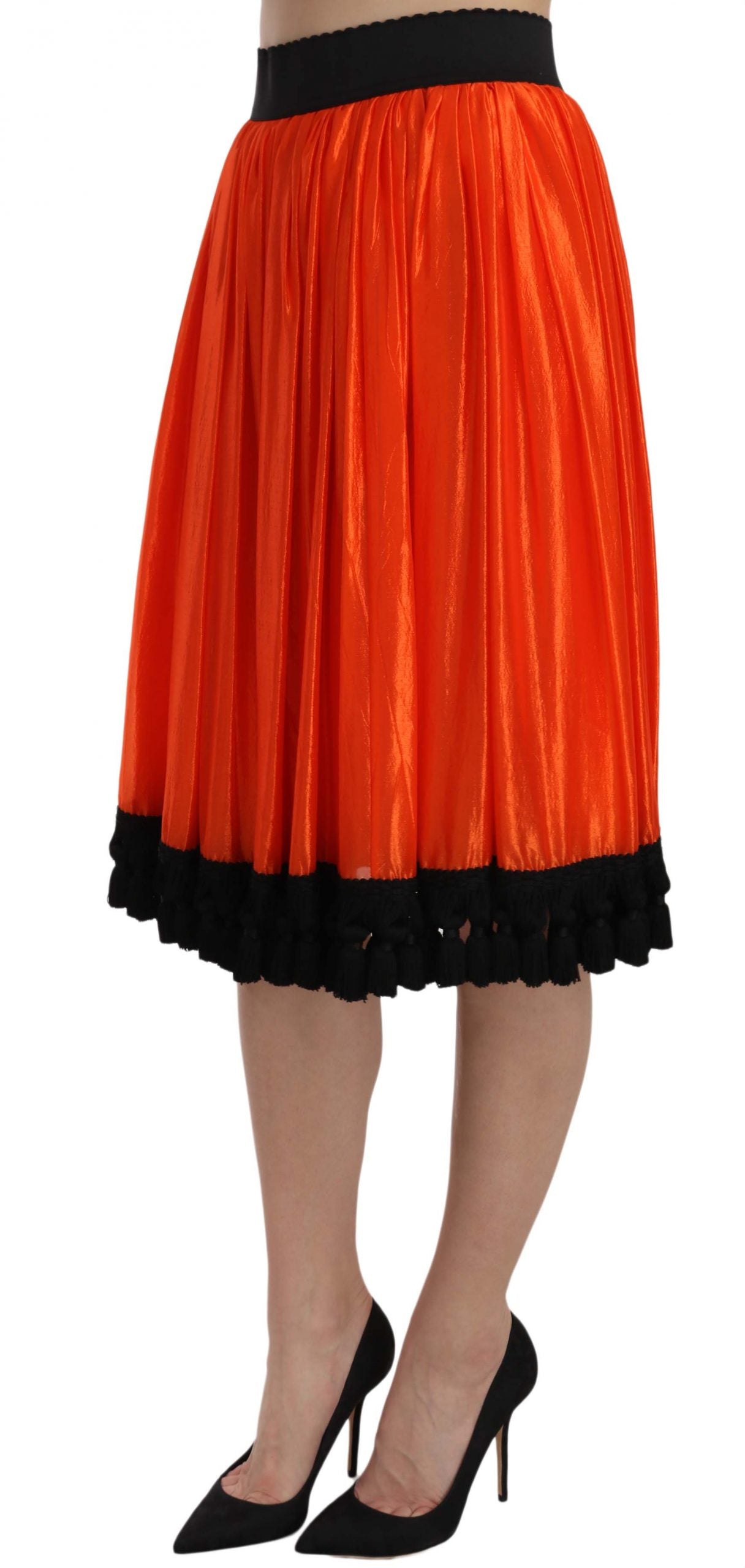 Jupe orange haute taille mi-mollet Dolce & Gabbana, longueur genou, tissu fluide et élégant, vue de face.