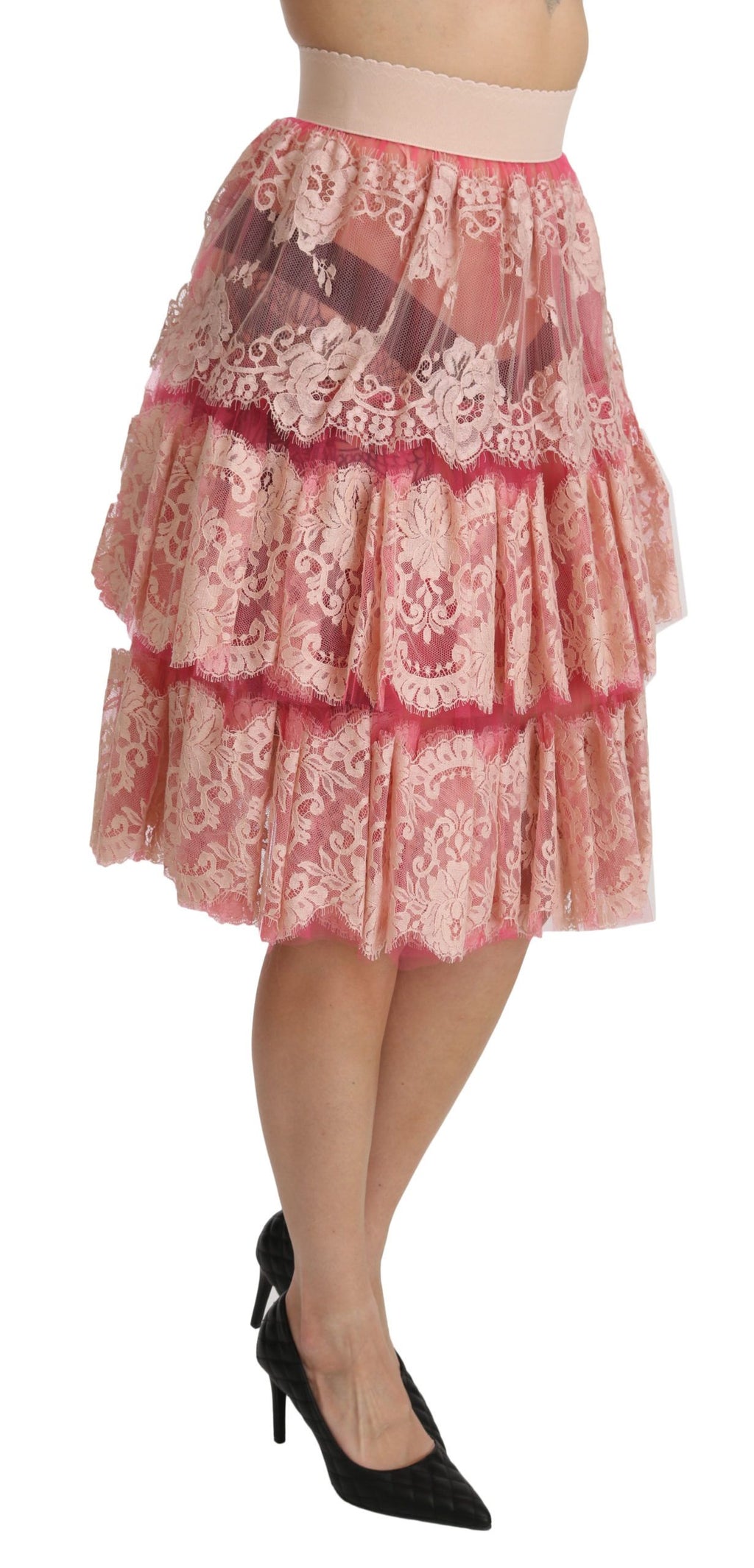 Jupe longue pour femmes Dolce & Gabbana en dentelle rose à taille haute, longueur au genou, avec superposition élégante.