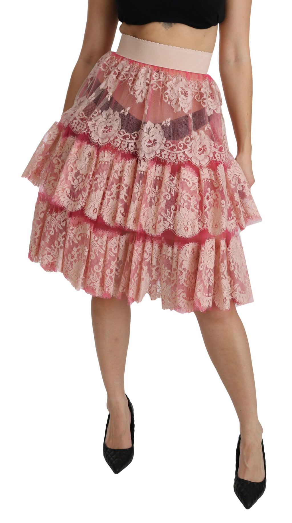 Jupon rose en dentelle Dolce & Gabbana, jupe longue à taille haute, superposée et jusqu'au genou, élégante et raffinée.