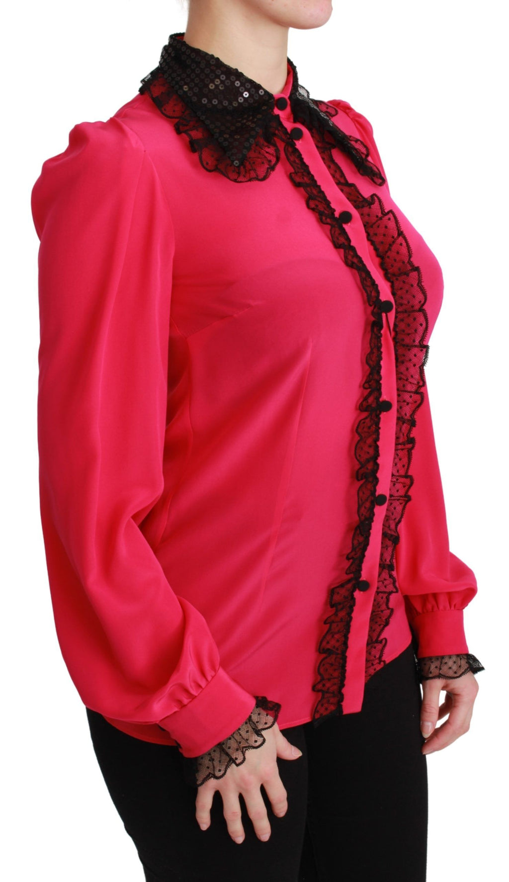 Chemise Dolce & Gabbana en soie rose avec sequins noirs et dentelle, vêtement élégant pour femmes.