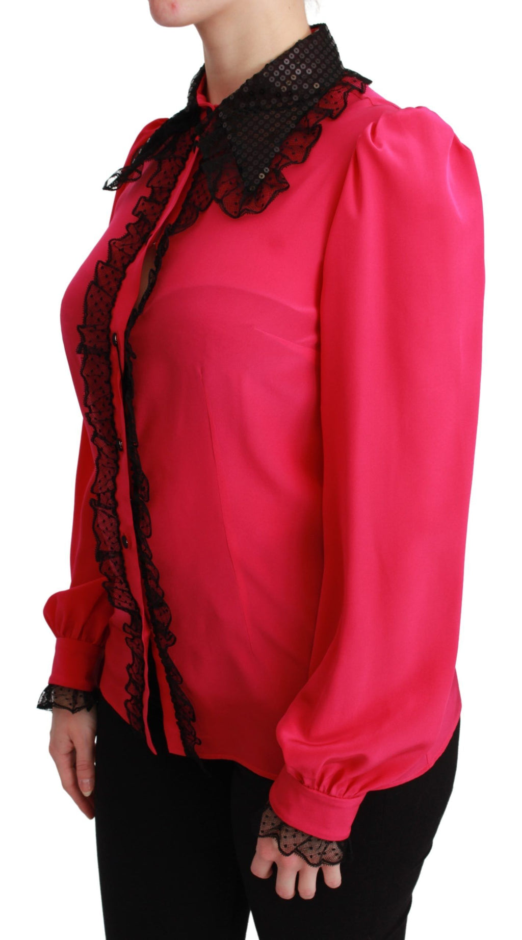 Chemise en soie rose Dolce & Gabbana avec sequins noirs et détails en dentelle, élégante blouse à manches longues.