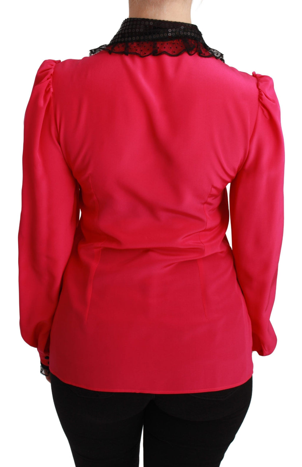 Chemise en soie rose avec sequins noirs et dentelle Dolce & Gabbana, élégante blouse pour femme.