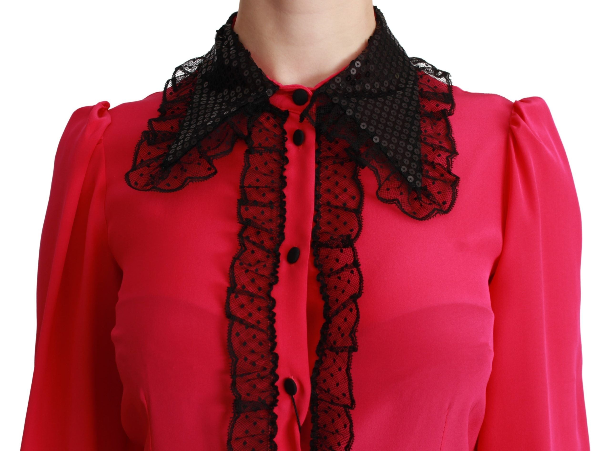Chemise Dolce & Gabbana en soie rose avec sequins noirs et dentelle, élégante blouse à manches longues.