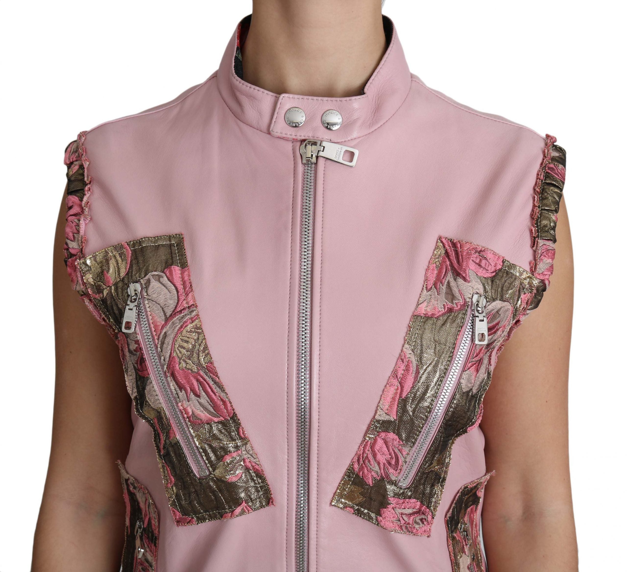 Gilet sans manches en cuir rose Dolce & Gabbana avec fermeture éclair, veste en peau de mouton élégante et tendance.