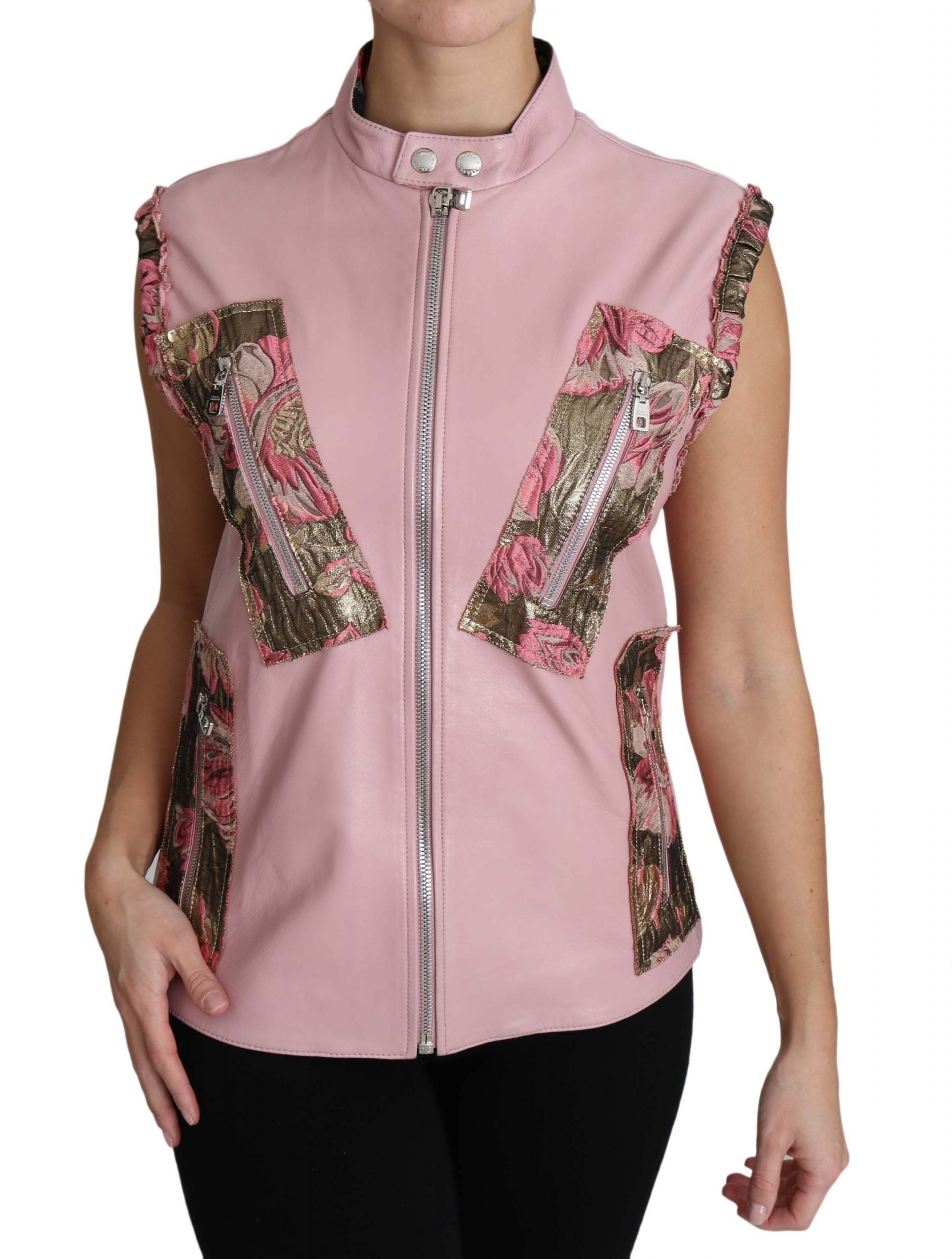 Gilet sans manches en cuir rose Dolce & Gabbana avec fermeture éclair, sans manches, style veste en cuir de luxe.
