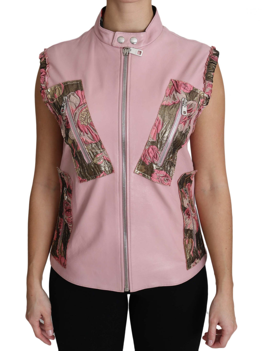 Gilet sans manches en cuir rose Dolce & Gabbana avec fermeture éclair, veste en peau de mouton élégante et tendance.