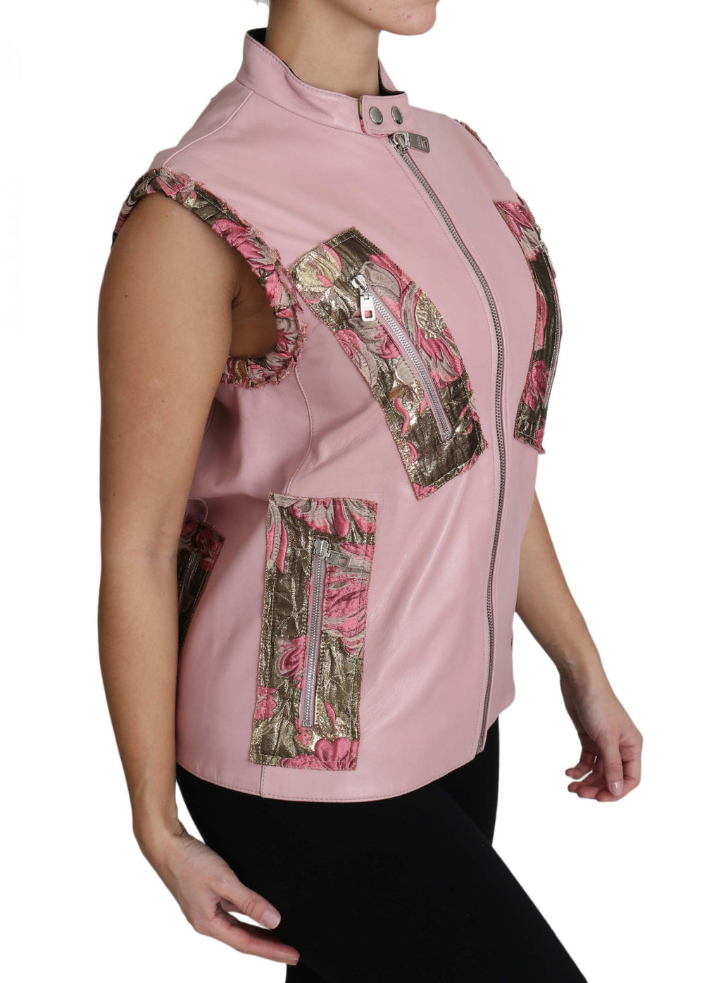 Veste sans manches en cuir rose Dolce & Gabbana avec fermeture éclair, sans manches et détails élégants en lamb.