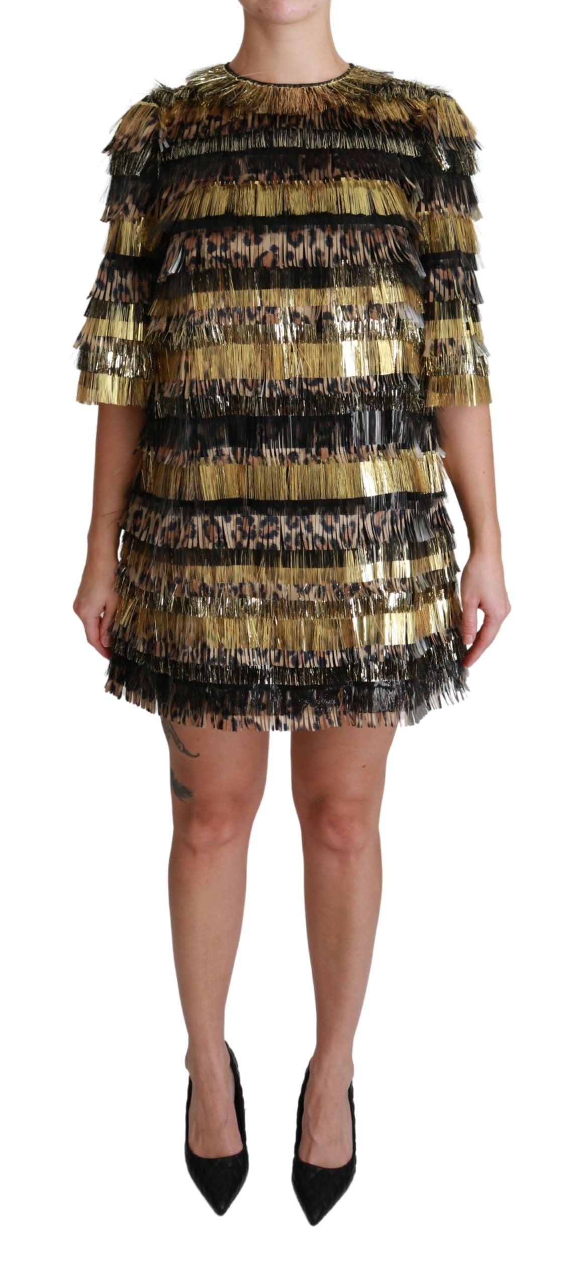 Robe courte en polyester noir avec motifs léopard dorés de Dolce & Gabbana, style shift mini, élégante et tendance.