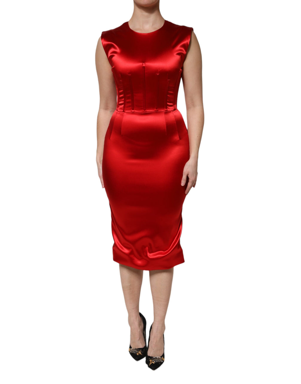 Robe midi sans manches en acétate rouge Dolce & Gabbana, coupe ajustée, élégante et sophistiquée.