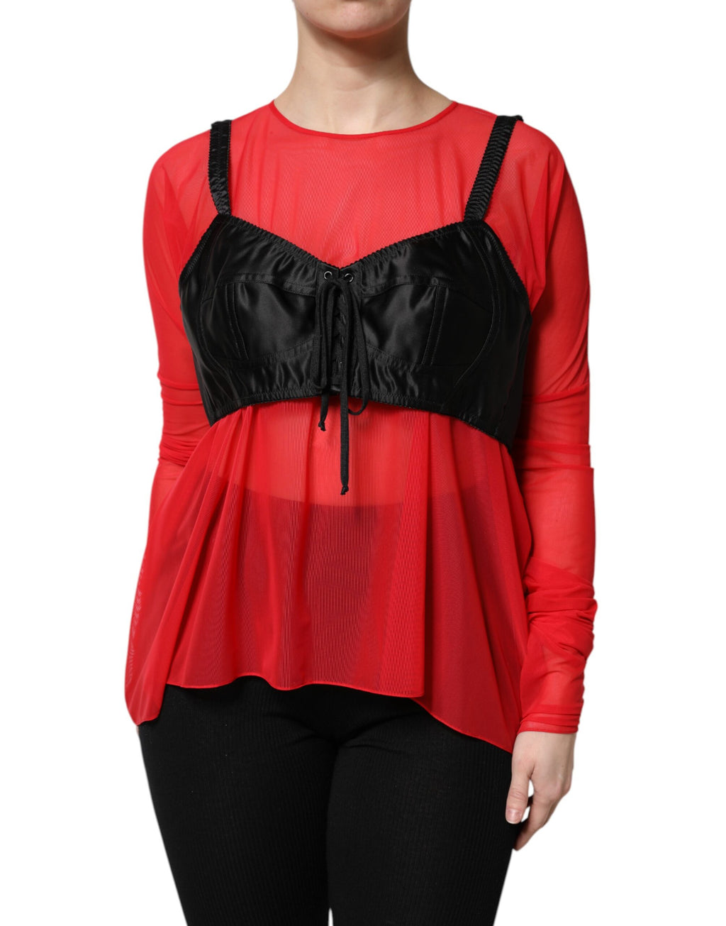 Top Dolce & Gabbana rouge et noir à bustier, manches longues avec détails élégants, élégant haut féminin.