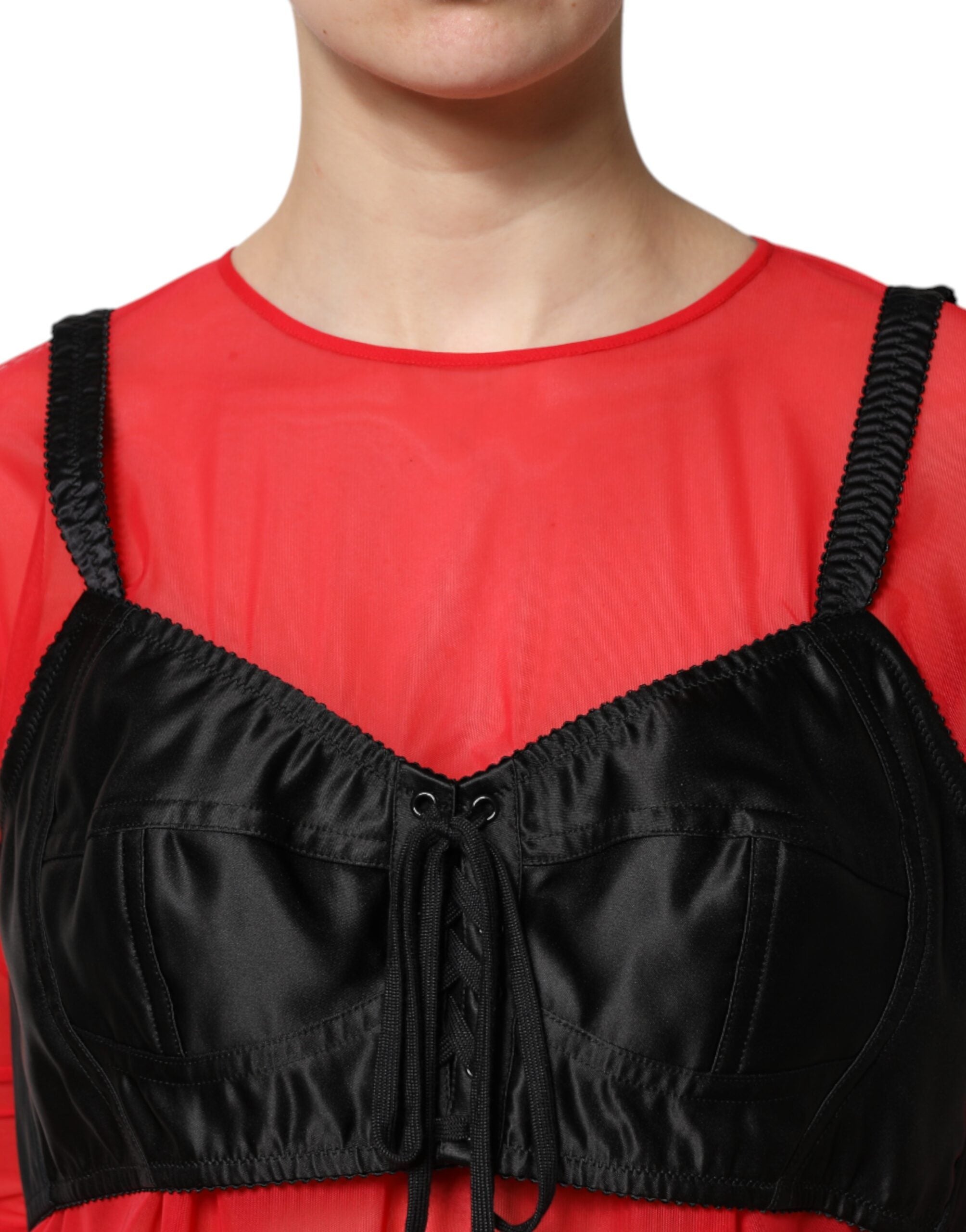 Haut bustier rouge et noir Dolce & Gabbana à manches longues avec détails élégants, ajusté et sophistiqué.