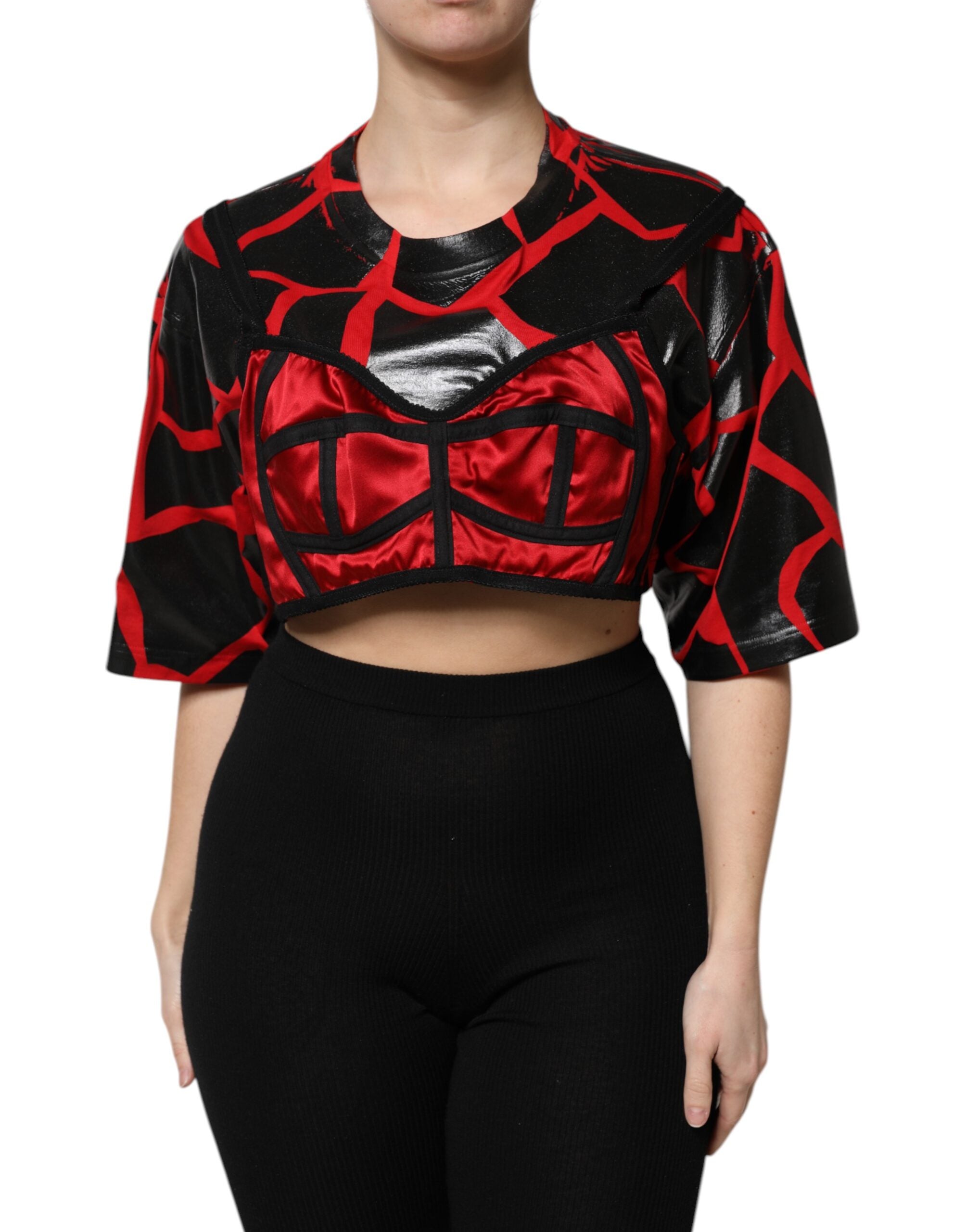 Bustier court Dolce & Gabbana en coton rouge et noir avec détails élégants, ajusté et tendance.