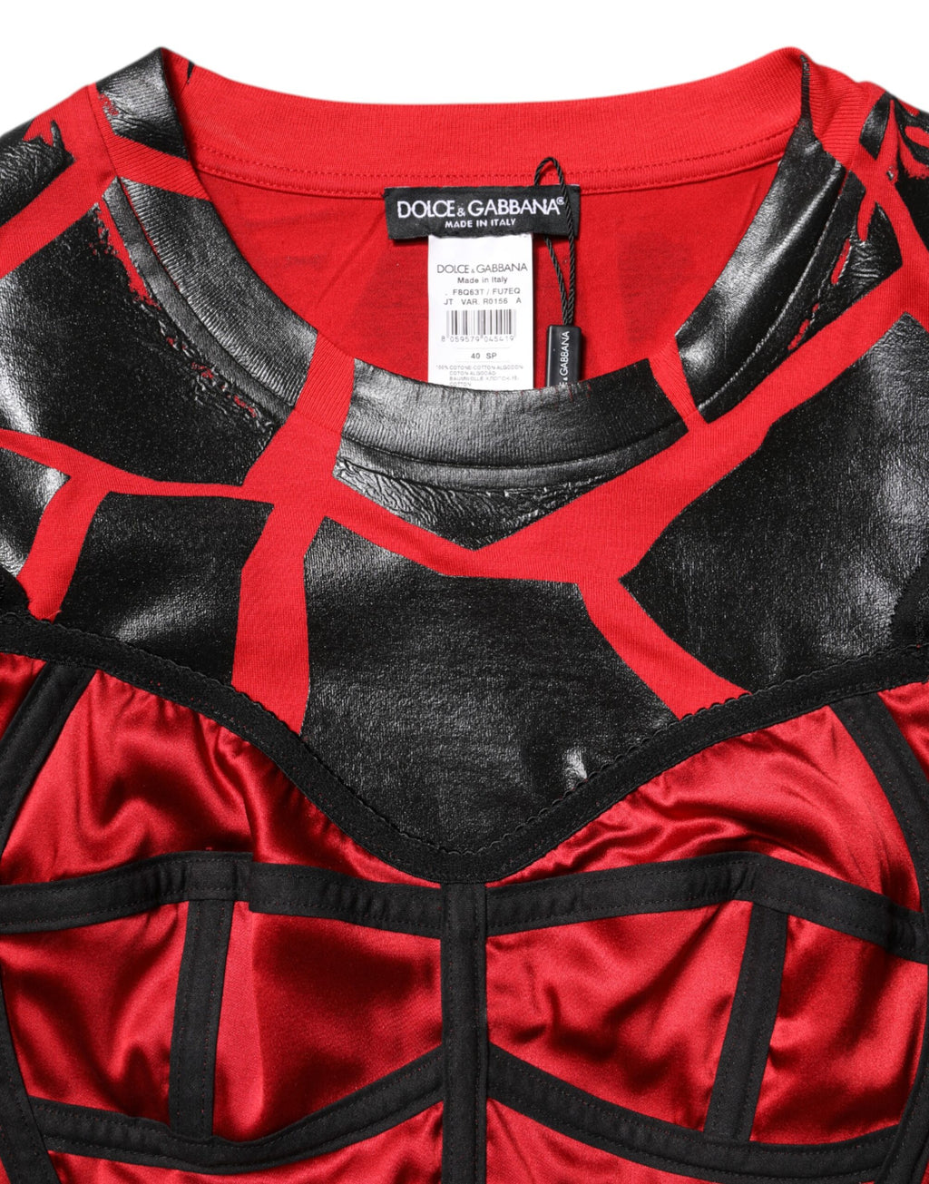 Top court Dolce & Gabbana en coton rouge et noir avec bustier et détails, coupe courte élégante, mode féminine sophistiquée.