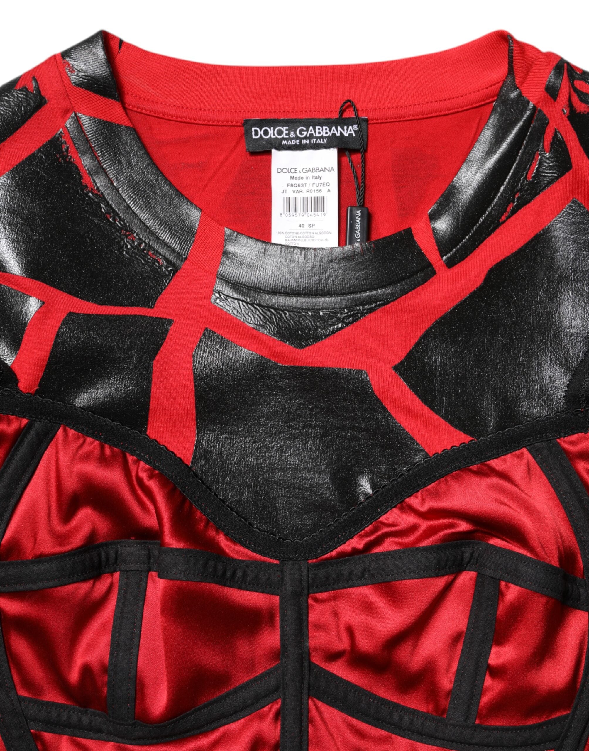 Top court Dolce & Gabbana en coton rouge et noir avec bustier et détails, coupe courte élégante, mode féminine sophistiquée.
