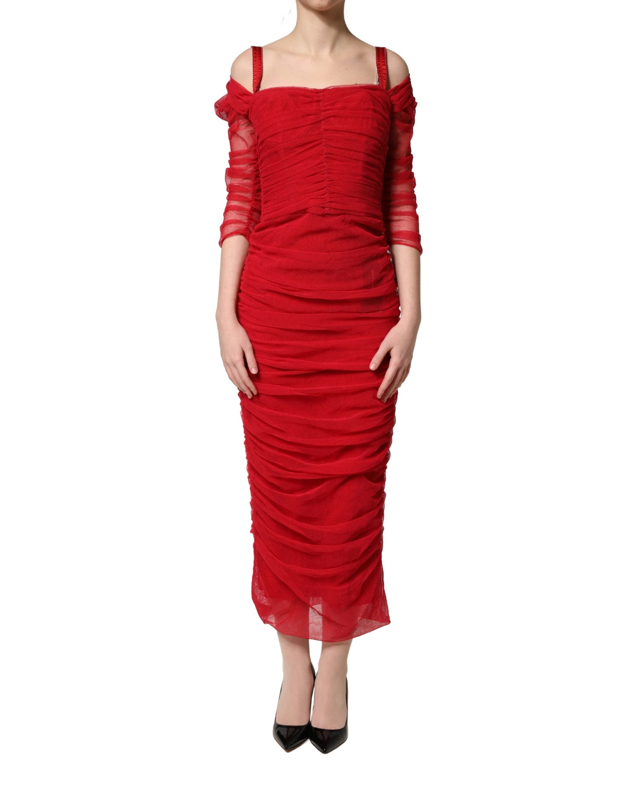 Robe midi en coton rouge de Dolce & Gabbana avec détails froncés, stretch et tulle, style élégant et sophistiqué.