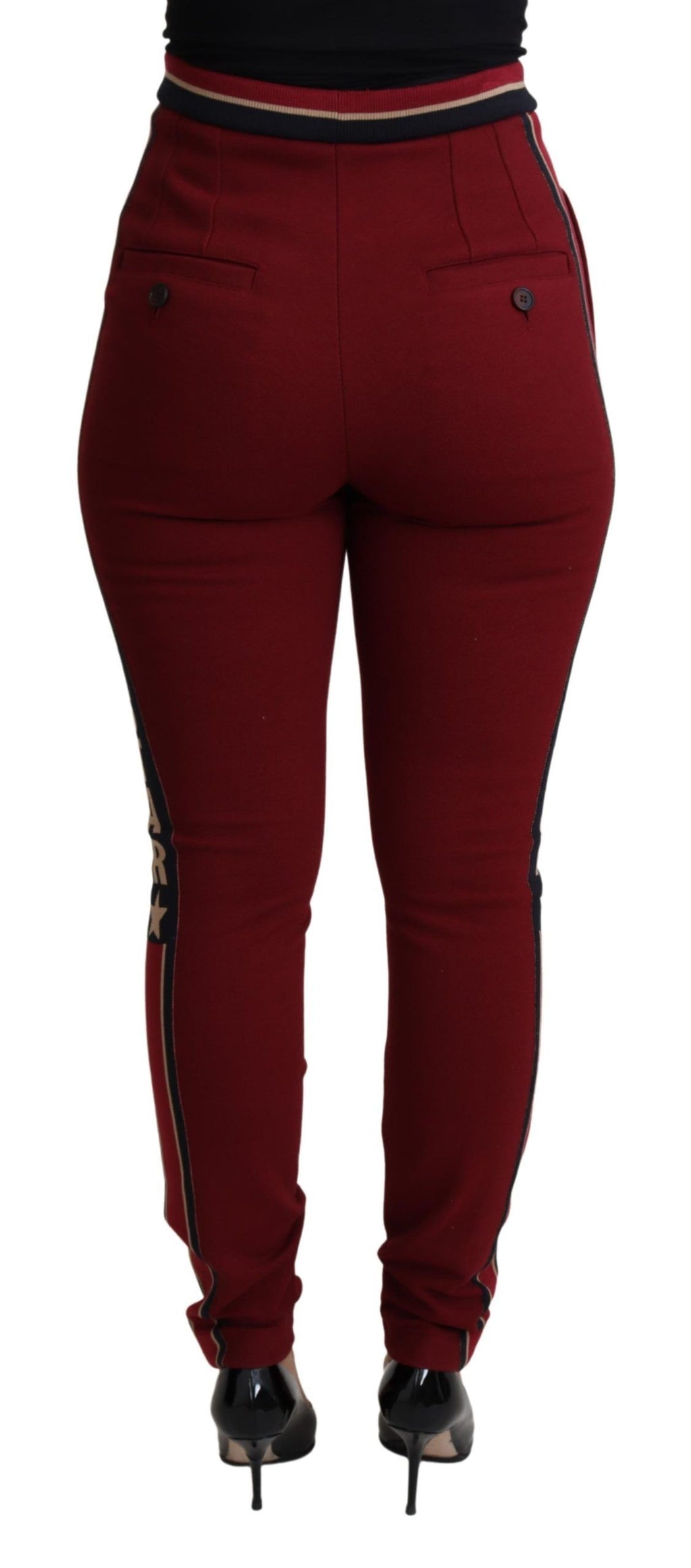 Pantalon skinny en coton rouge à rayures et étoile D&G Dolce & Gabbana, design élégant et tendance pour femme.