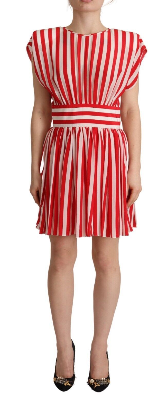 Robe courte en soie à rayures rouges et blanches de Dolce & Gabbana, style mini à coupe A-line, pour femme.