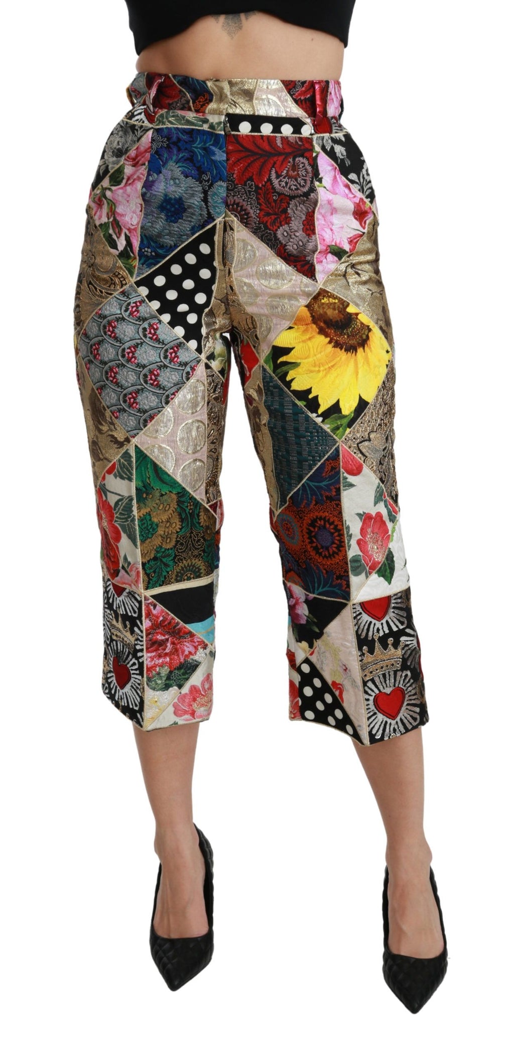 Pantalons cropped en soie multicolores à taille haute de Dolce & Gabbana, motif imprimé élégant et sophistiqué.