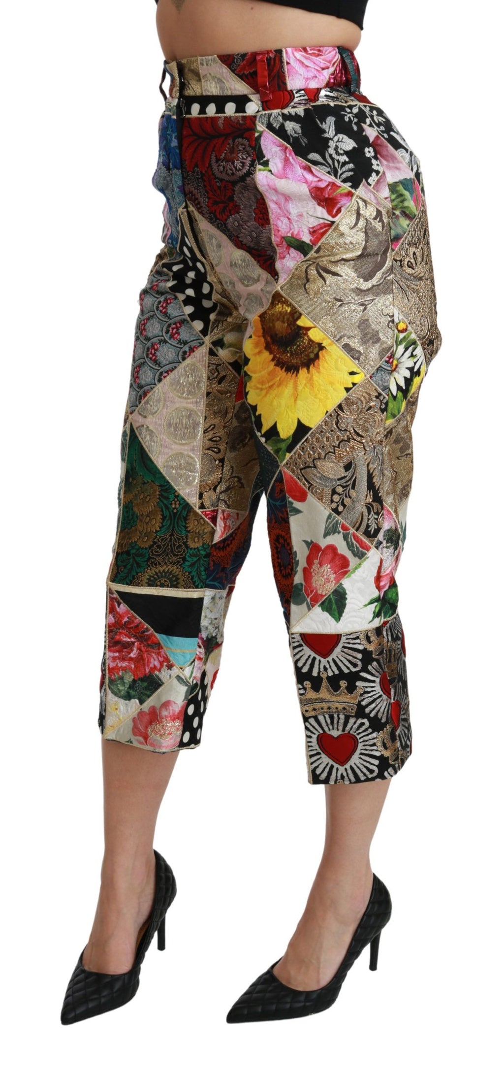 Pantalons cropped en soie multicolores à taille haute de Dolce & Gabbana, motif coloré et élégant.