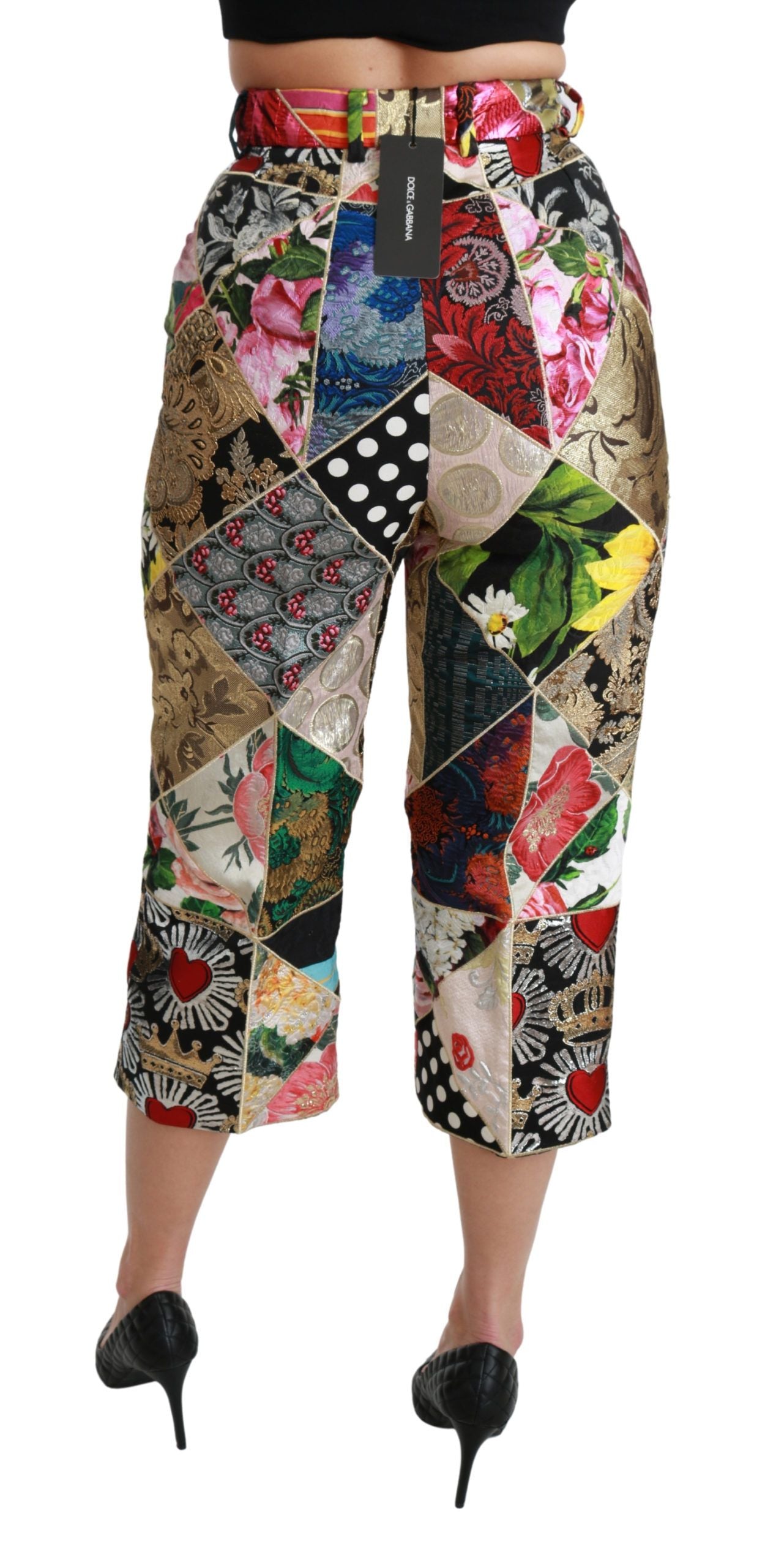 Pantalon Dolce & Gabbana en soie à taille haute, coupe cropped, imprimé multicolore élégante, pour femme.