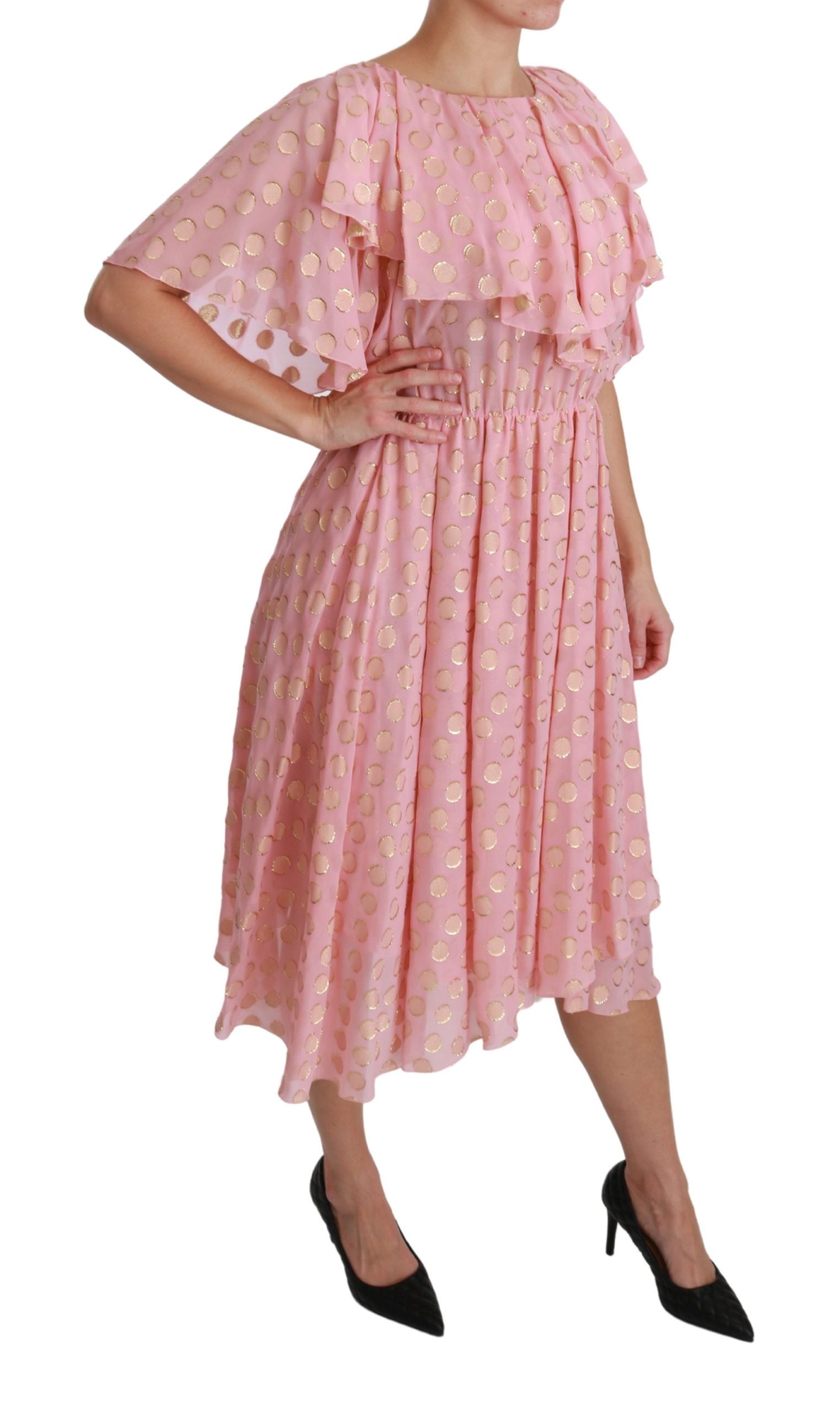 Robe midi plissée en soie rose à pois noirs de Dolce & Gabbana, style élégant avec coupe A-line.