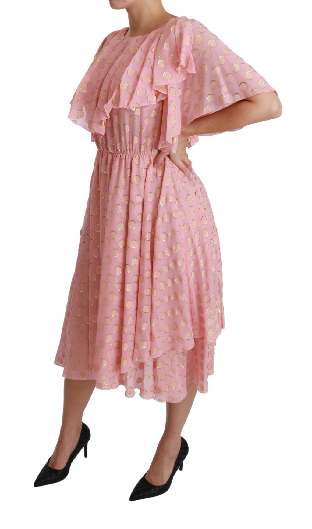 Robe midi plissée en soie rose à pois Dolce & Gabbana, style A-line, élégante et féminine, visible avec motifs à pois.