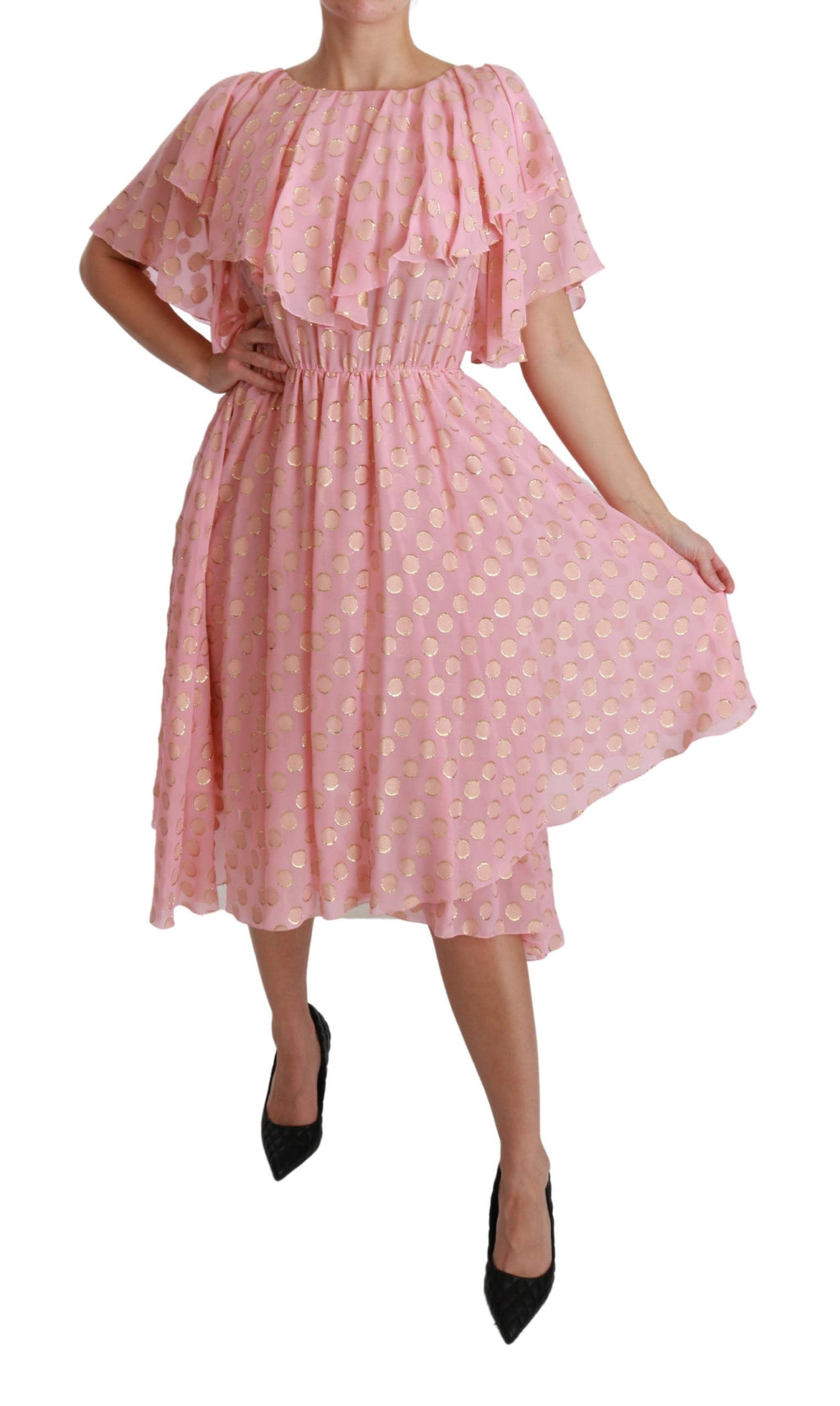 Robe midi en soie rose à pois et plis, robe à ligne A de Dolce & Gabbana, style élégant et féminin