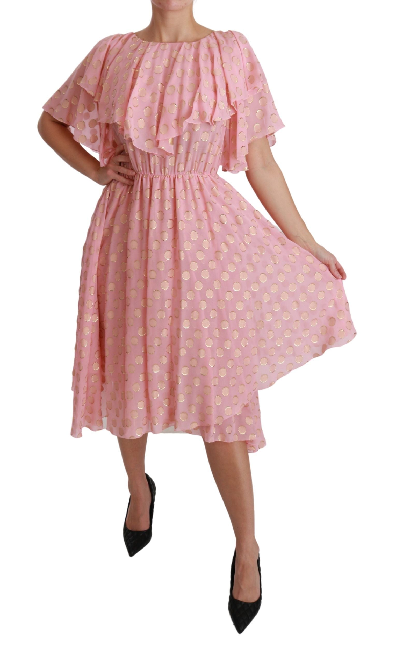 Robe midi en soie rose à pois et plis, robe à ligne A de Dolce & Gabbana, style élégant et féminin