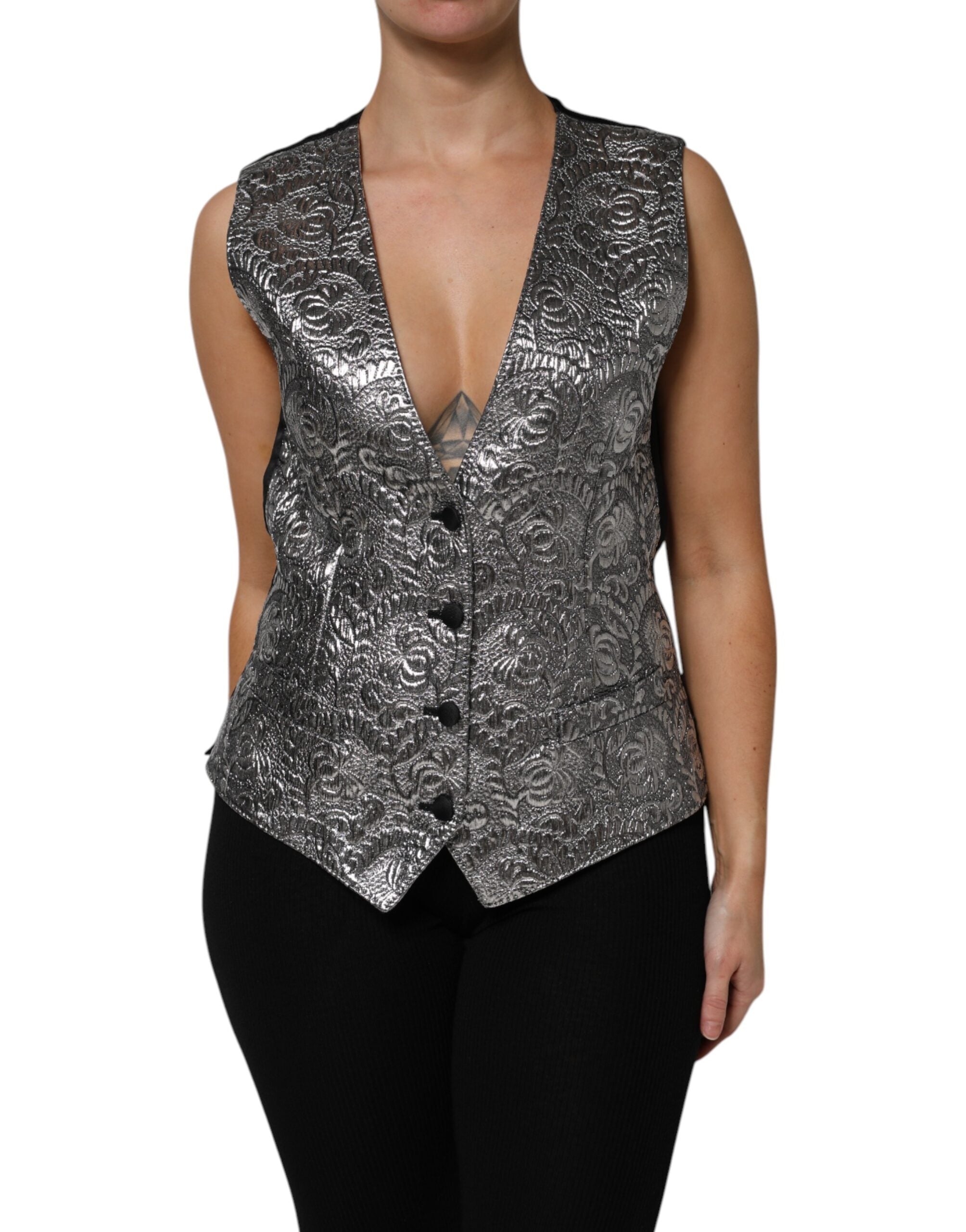 Débardeur sans manches Dolce & Gabbana en jacquard floral argenté, élégant et sophistiqué.
