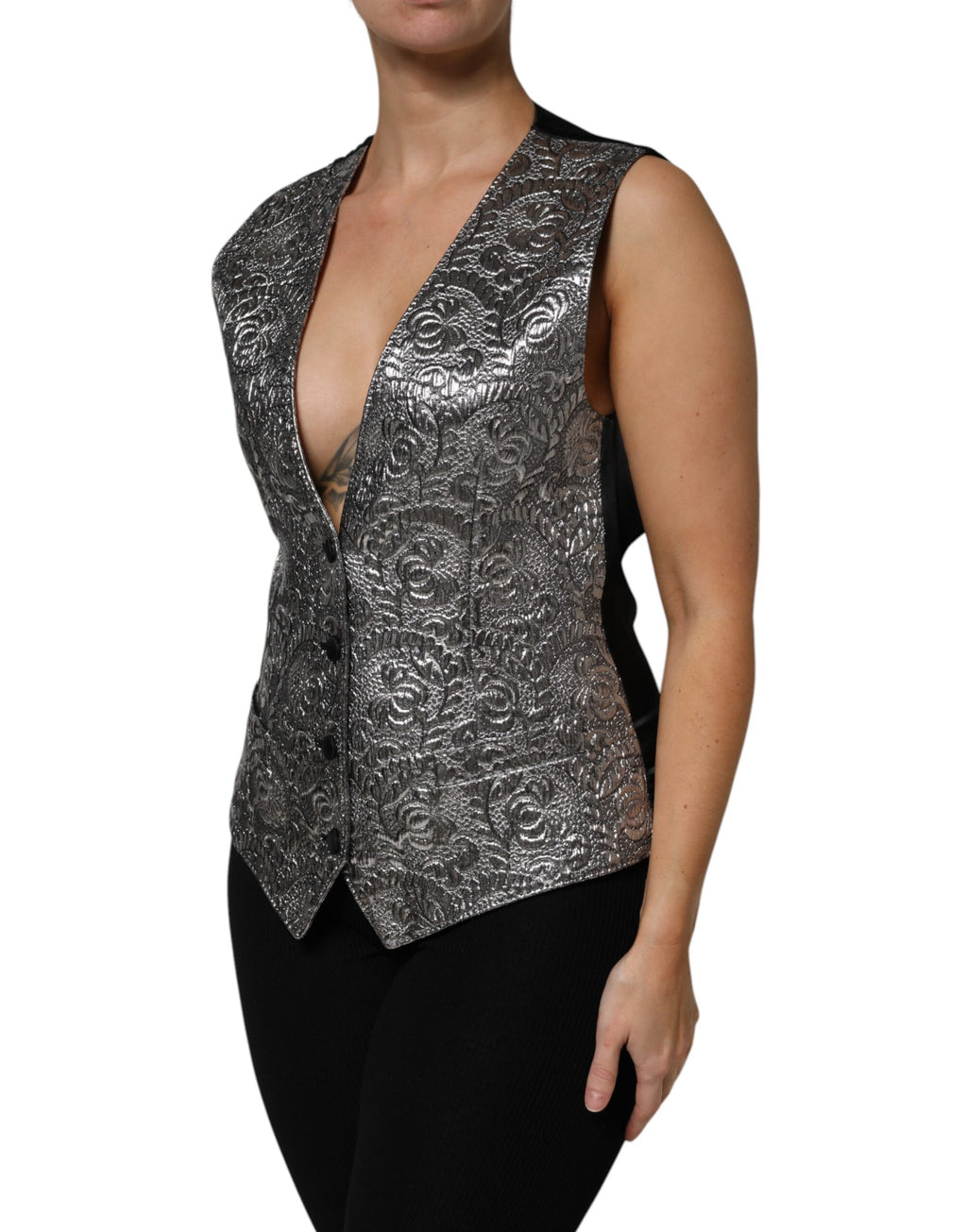 Veste sans manches Dolce & Gabbana en jacquard floral argenté, design élégant et sophistiqué visible sur l'image.