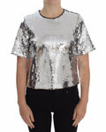 Blouse Dolce & Gabbana en sequins argentés avec col rond, haut élégant et brillant, vue de face.