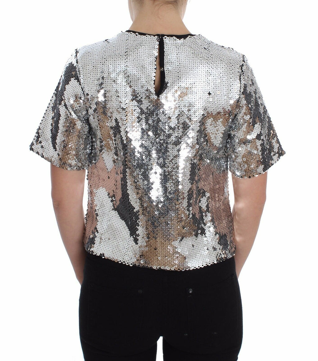 T-shirt Dolce & Gabbana en soie avec col rond, orné de sequins argentés, style élégant et brillant.