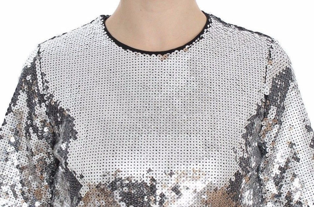 T-shirt Dolce & Gabbana en sequins argentés, col rond, blouse ou haut à manches courtes, style élégant et brillant.