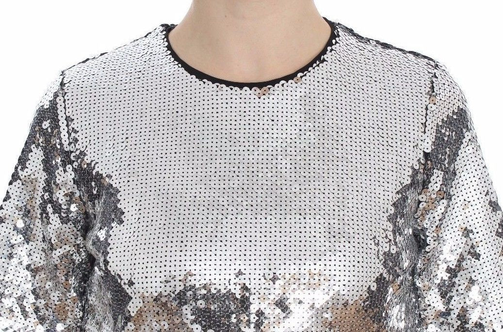 T-shirt Dolce & Gabbana en sequins argentés, col rond, blouse ou haut à manches courtes, style élégant et brillant.