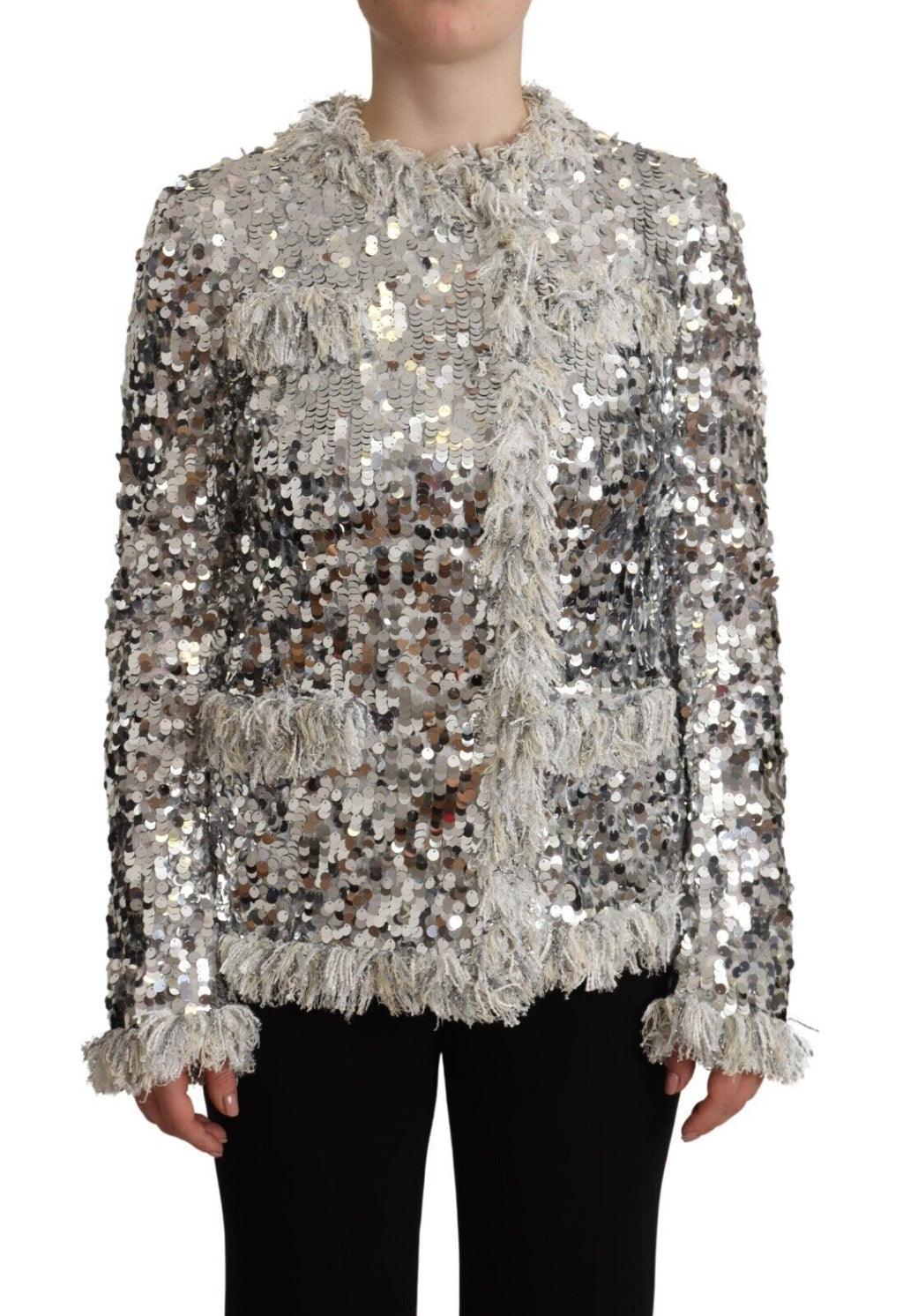 Veste en shearling argenté à sequins Dolce & Gabbana avec manches longues et détails brillants.