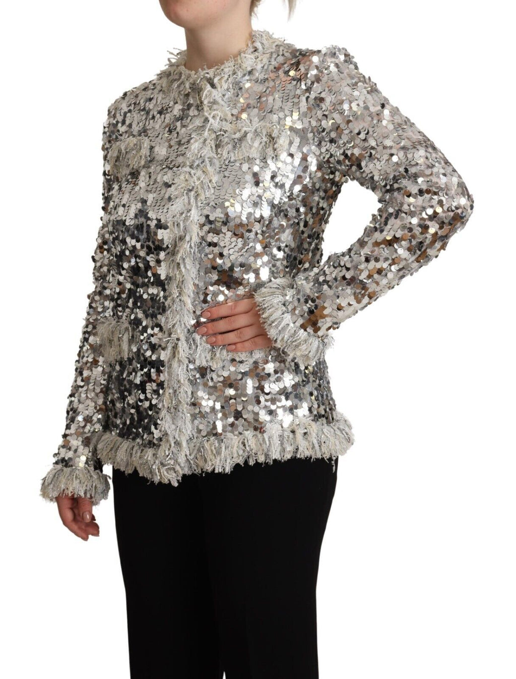Veste en shearling argentée Dolce & Gabbana à manches longues ornée de sequins, style élégant et luxueux.