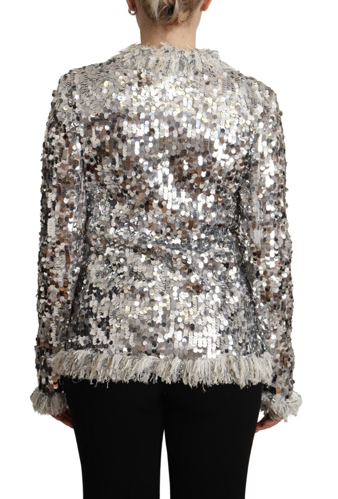 Veste en shearling argentée Dolce & Gabbana à manches longues ornée de sequins brillants.